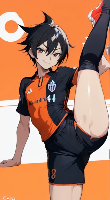 (((superfine illustration,hight resolution, masutepiece, best qualtiy,Best Quality)))、hightquality, detaileds, (A ),12 years oace striker with a super cute face,A boy as beautiful as Planding, Cool handsome face with smile, soccer spike, Long legs, thighs thighs thighs thighs, Foots, Bulge, (Black hair、Spiky hairstyle)、Shiny hair, (tight shiny orange soccer uniform suit), (tight and shiny soccer shorts), (Soccer Socks), tussock, Cool pose, (厚いthighs thighs thighs thighs、Seduce your big ass to your crotch)、(((soccer field in the park:1.2)))、((cocky、))、Smirk、(((standing split:1.4))),Ultra-fine painting, (Best Quality, 4K, 8K, hight resolution, masutepiece),((detailedsな目))、kawaii eyes、I-shaped balance、raise leg、(((Accurate leg expression:1.4))),