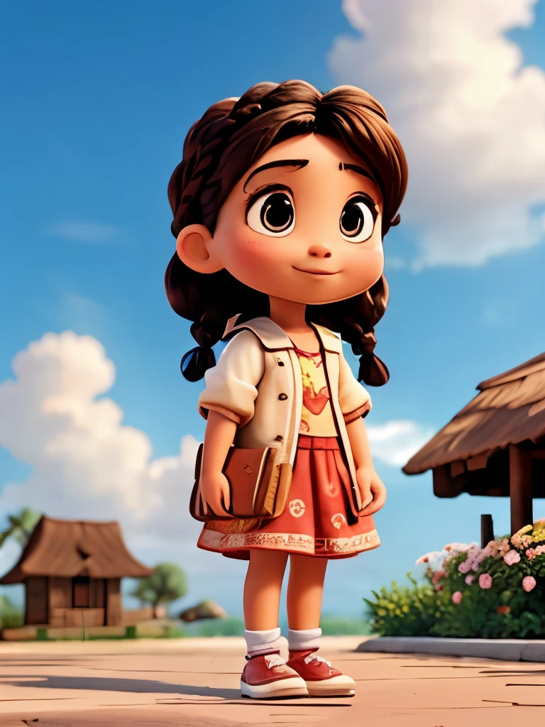 Disney Pixar images - a Malay  girl, of medium build, braided hair, wearing flowery clothes