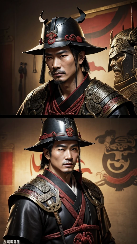 oriental、man in ancient chinese clothes、Ancient Chinese man wearing a leather helmet、a simple man、three kingdom、multiple warlords、top-quality、​masterpiece、超A high resolution、(Photorealsitic:1.4)、Game Posters、Clear and beautiful image quality、