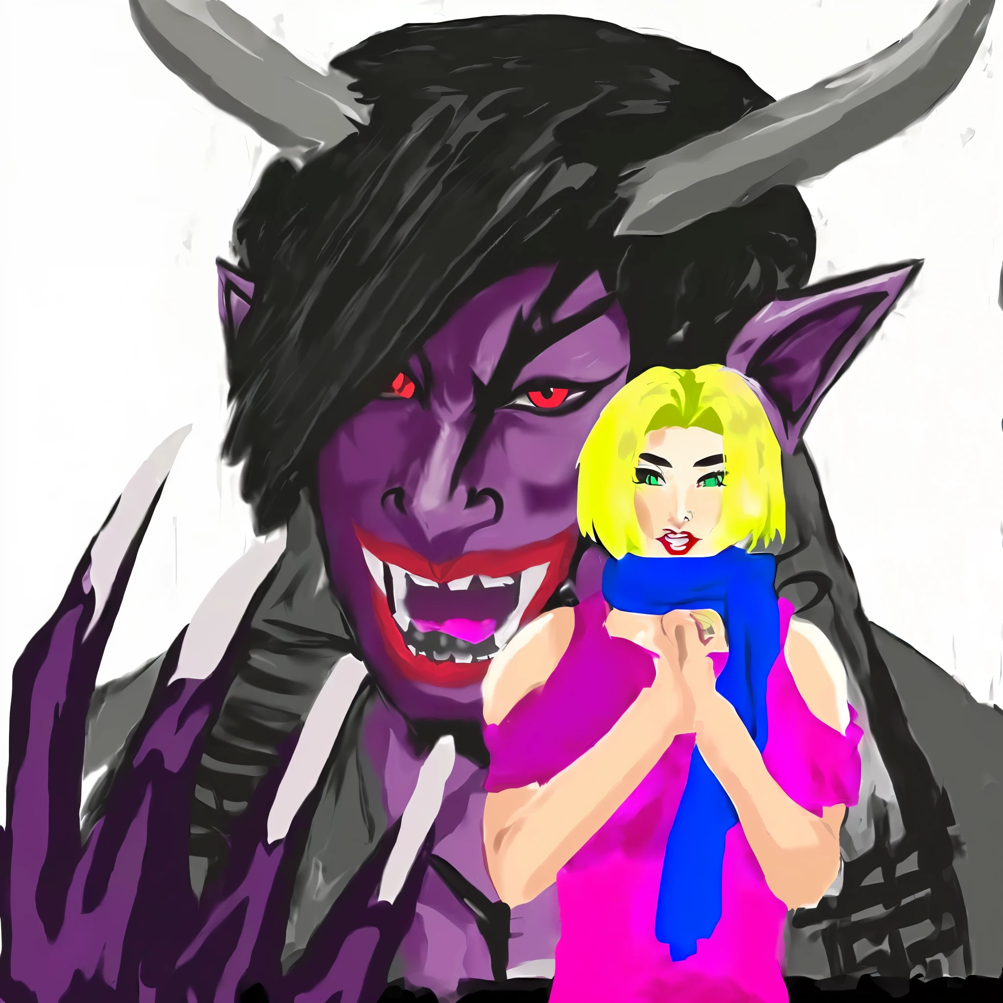 painting of a woman holding a cell phone in front of a demon, drawn in microsoft paint, demon girl, woman loves demon, tiefling, tiefling from d & d, demon woman, tiefling female warlock, demon, gapmoe yandere grimdark, inspired by Tsukioka Yoshitoshi, evil godess, dnd fantsay art, fan art