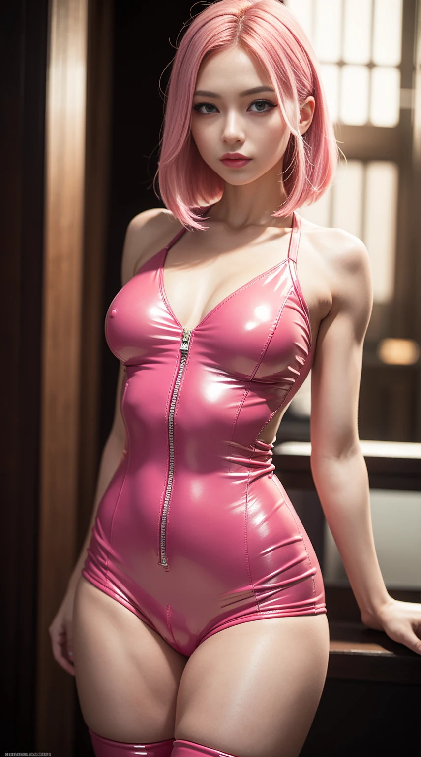 8K, Masterpiece, Raw Photo, Highest Quality, Photorealistic, High Definition CG Unity 8K Wallpaper, Depth of Field, Cinematic Light, Lens Flare, Ray Tracing, (Extremely Beautiful Face, Beautiful Lips), Beautiful Eyes) , intricately detailed face, ((super detailed skin)) 1 girl, pink hair, dark shadows, cute idol, 1 girl, (very slim and slender muscular body: 1.3), (( Looking at the viewer)), (background blur), pink leather catsuit, (pink clothing, pink rubber), pink knee-high boots, full body portrait,