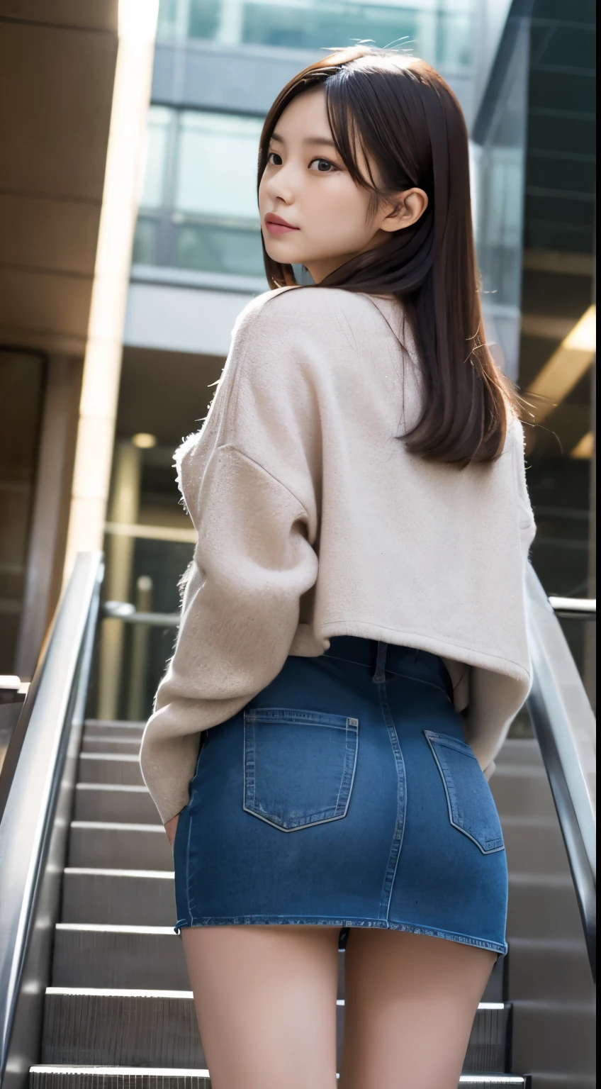 Realistic images of Japanese beautiful girls, 1girl in, (Photorealistic:1.4), masutepiece, Best Quality, 8K, 32K,Department store upward escalator,a miniskirt、short coat、bottom body close up、View from behind、Very low camera angle、Slouched、bent forward、((Panchira:1.3))、Buttocks、Look here