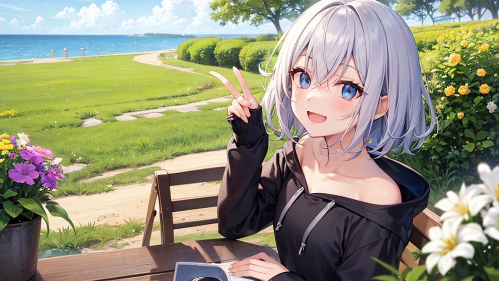 (masutepiece: 1.2, Best Quality), 1 Lady, Solo, silber hair,Shoulder out,Very short hair, long bangs between eyes, blue eyess,Black eyes, Hoodie,White hair, Silver hair, Hoodie, White hoodie、blue-sky、sea side、flower field、sit a chair、A smile、open open mouth、5 fingers
