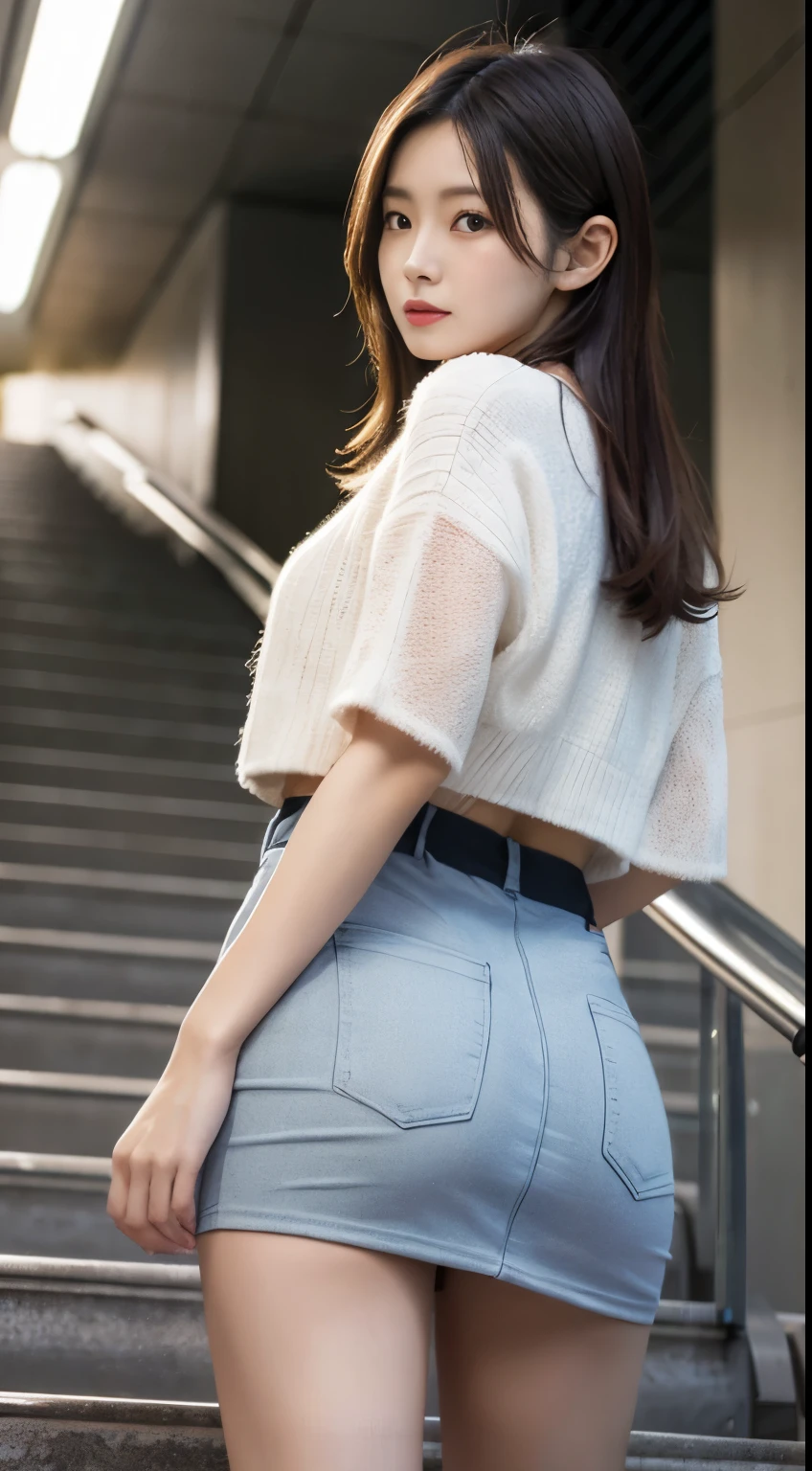 Realistic images of Japanese beautiful girls, 1girl in, (Photorealistic:1.4), masutepiece, Best Quality, 8K, 32K,Department store upward escalator,a miniskirt、short coat、bottom body close up、View from behind、Very low camera angle、Slouched、bent forward、((Panchira))、Buttocks