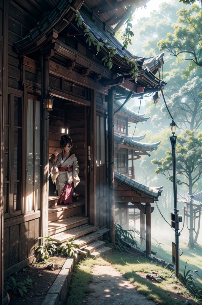 ((RAW shooting:1.5)), (Photoreal Stick:1.5, masutepiece:1.5, 8K), (top-quality, ​masterpiece, 超A high resolution), morning, Precincts of the shrine, ((fog the lens:1.4)), ((Shoot with blur:1.5)), ((sunrises, Sunlight coming in from behind:1.6, Strong sunlight spreads across the screen:1.6)), ((Strong sunlight shines on a woman:1.7)), ((The entire screen appears white and hazy due to strong sunlight.:1.8)), ((The woman looks blurry due to the strong sunlight:1.9)), Professional camera work:1.3, Highly detailed skin and facial texture:1.3, Grow Light Effect, The ultra-detailliert:1.3, 1girl in, Fair skin, (Sense of clarity:1.4, a small face), Extremely beautiful face:1.5, (Sense of clarityを感じる目:0.9, looking distantly), A smile:1.0, (Slightly open mouth:0.4, Sense of clarityを感じる口当たり:0.7), 二重まぶた, Dark brown medium hair, necklace and earrings, (Wearing Kimono Correctly Off Shoulder)