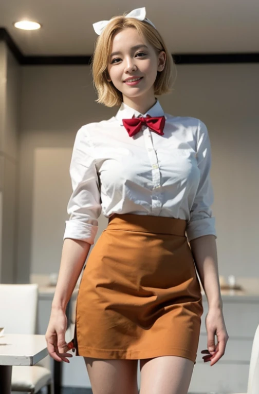 Beautiful legs,surrealism, high detailing, Cinematic lighting, Ray tracing, angle of view,Tight shirt,Fine dining,is standing,big breasts,Orange apron,waitresses,a smile,Very short blonde hair,thin-waist,best qualtiy,17 age,skirt by the,bow ribbon,White headband,