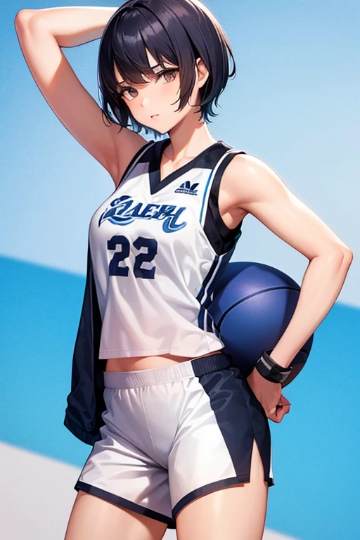 Cool girl, short hair, wear basketball uniform