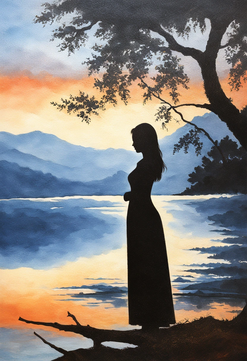 midynight，Silhouette of 1girl standing elegantly by the tranquil lake,Extremely Delicately Beautiful,tmasterpiece,Best quality at best,oil painted