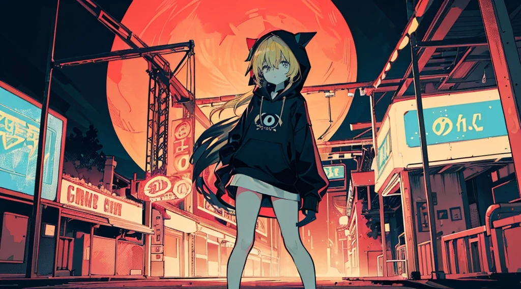 (1 girl, blonde hair, big black hoodie), (abandoned amusement park, late night, red moon), (low contrast, flat color, limited palette)