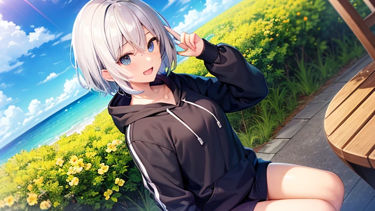 (masutepiece: 1.2, Best Quality), 1 Lady, Solo, silber hair,Shoulder out,Very short hair, long bangs between eyes, blue eyess,Black eyes, Hoodie,White hair, Silver hair, Hoodie, White hoodie、blue-sky、sea side、flower  field、sit a chair、A smile、open open mouth、5 fingers