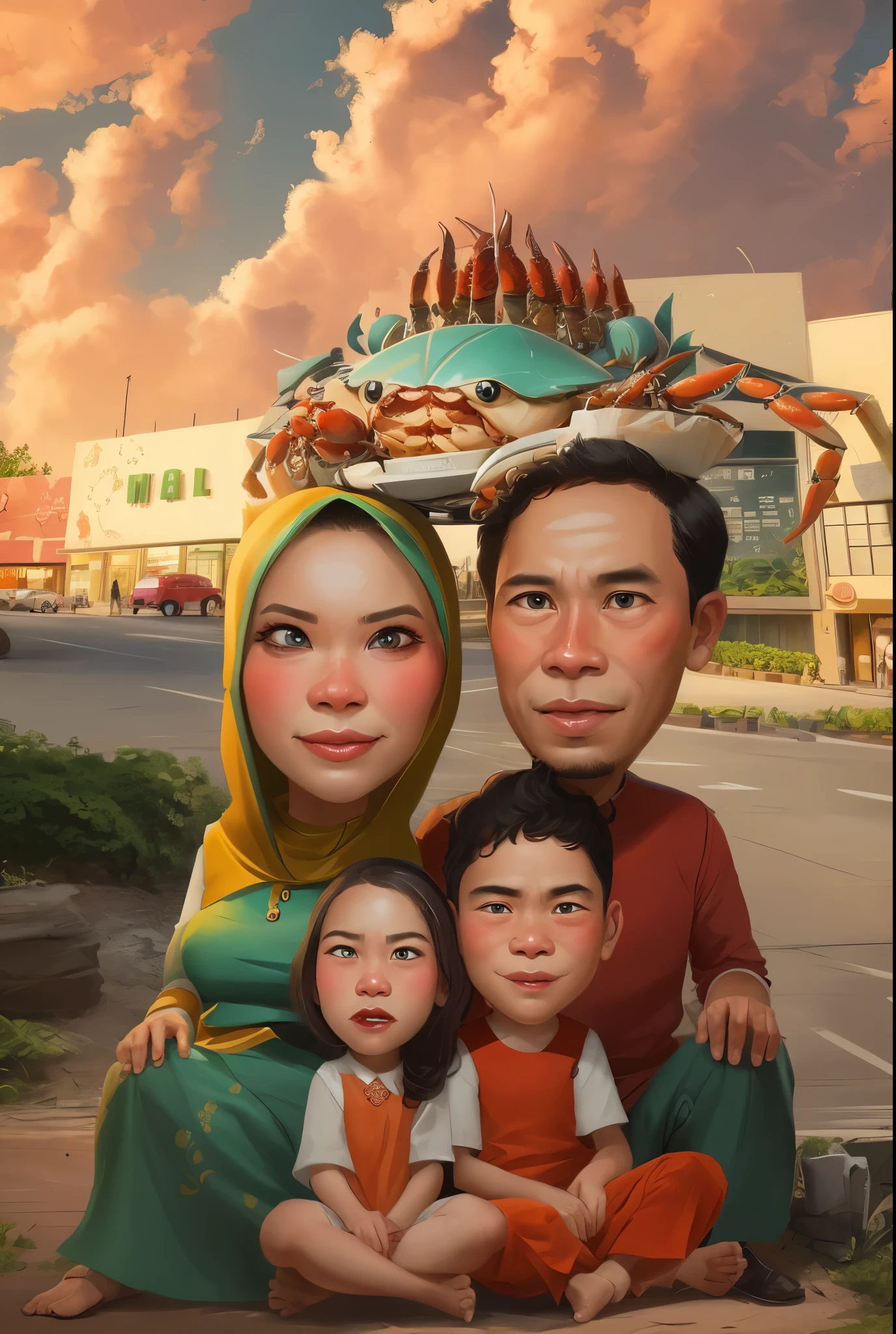 arafed family portrait with crab on head in front of a shopping center, Beautiful clouds and sky, an indonesian family portrait, family portrait, happy family, potrait, caricature illustration, full protrait, barong family, cartoon portrait, portrait picture, caricature, by Abidin Dino, cartoon digital painting, crab, in cartoon style, classic portrait, cartoon art, digital cartoon painting art, hiperrealism, detail, 8k,