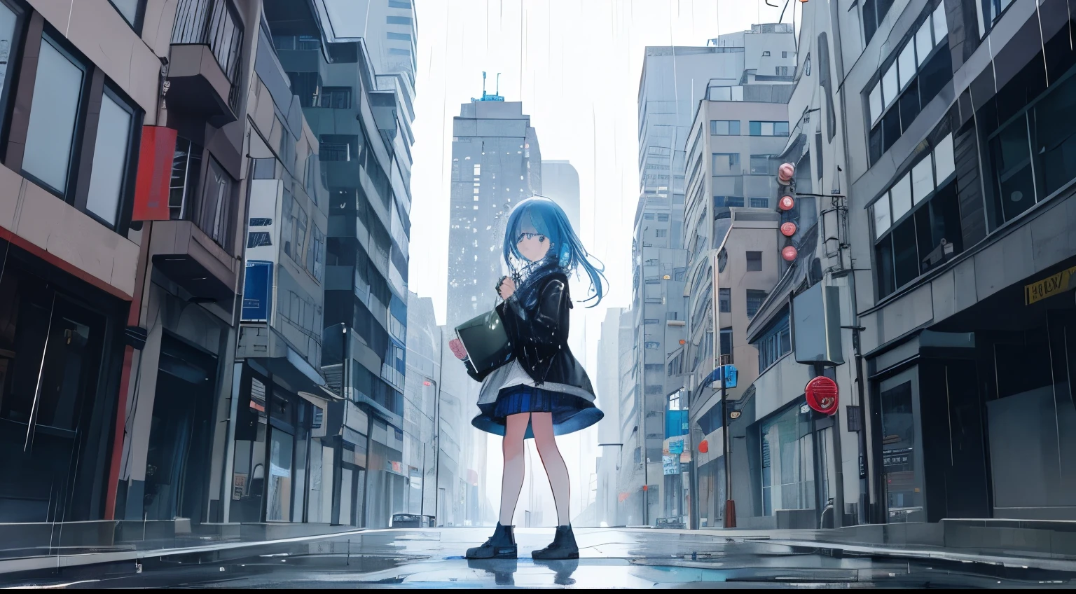 building with modern cubist volumes on urban street raining, with sweet blue-haired girl in the foregroundbuilding with modern cubist volumes on urban street raining, with sweet blue-haired girl in the foreground