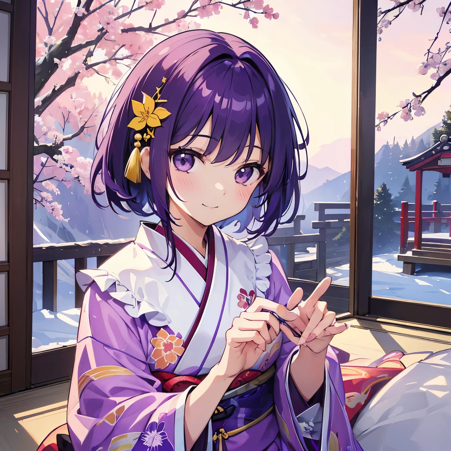 (tmasterpiece，4k wallpaper，best qualtiy))、((girl with１a person))、(独奏)、Brilliant，(Purple hair)、short-cut、a smile、close up of face、kimono、traditional Japanese room、January、morning