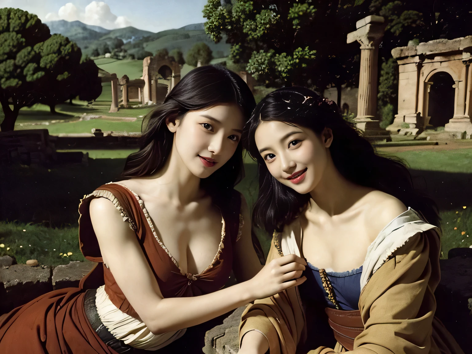 Ancient Roman ruins,Poussin-style landscape,A smile,,Sweet and seductive appearance.、Caravaggio's paintings、Chiaroscuro of Caravaggio、Hair disheveled in the wind,Two women frolicking,Cute smile, Expression of ecstasy,A sexy,erotick