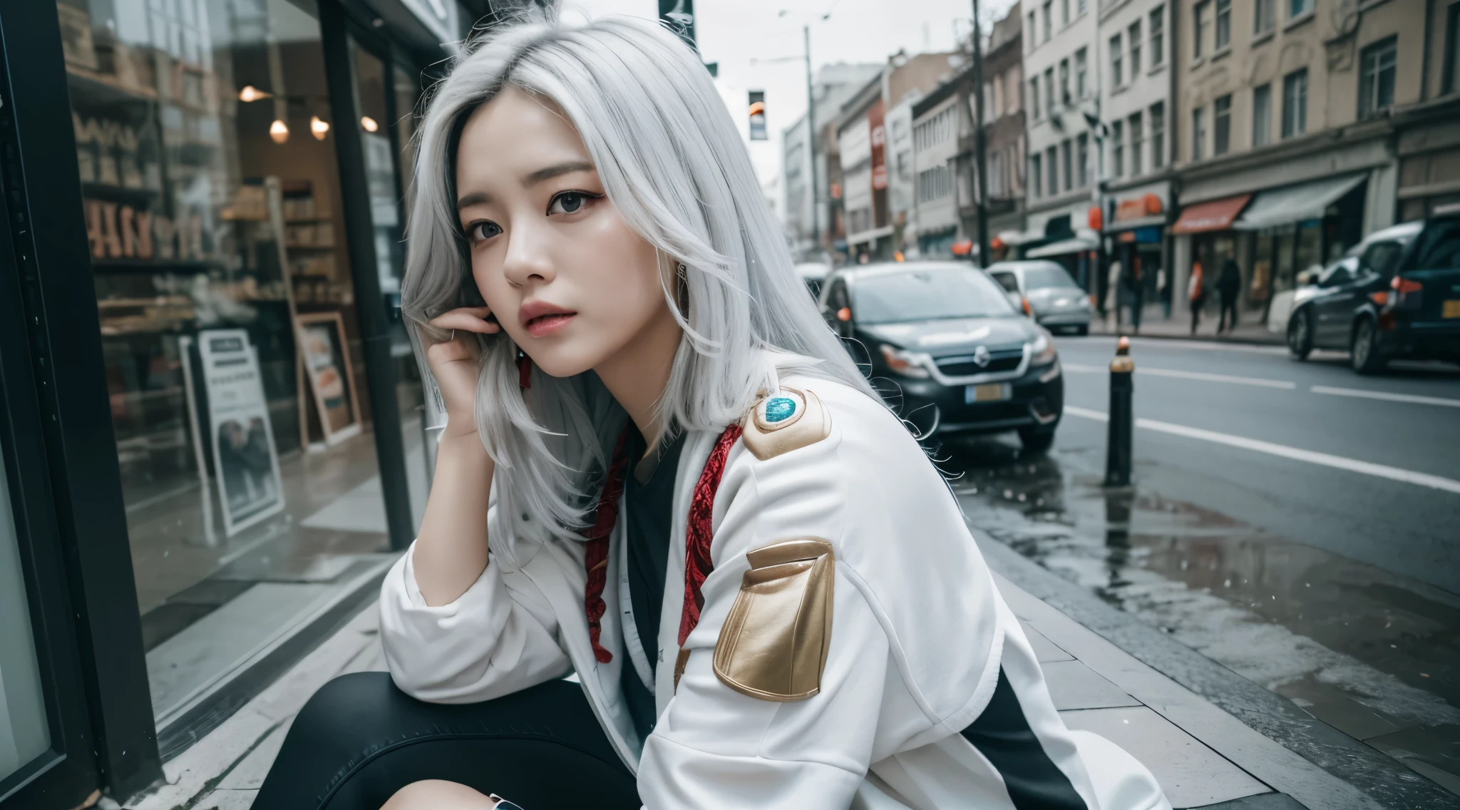 one-girl, Sitting in the rain, White hair, External，On the street corner，Very long hair, Angry, sad, 电影灯光, depth of fields, hyper HD, Anatomically correct, tmasterpiece, ctextured skin, Best quality, 4K，natta，Drenched hair