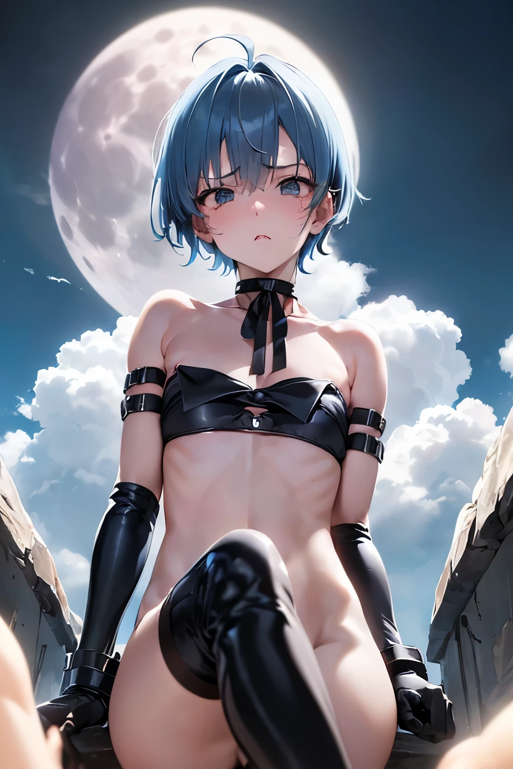 masutepiece, Best Quality, 1girl in,lightblue hair, (black eyes:1.2),((Upper body naked))、((Chest bare from the neck))、((embarassed expression))、((fullmoon))、((Photo from below))、(((thigh high boots)))、((Short Hair Hair))、((Black Long Gloves))、((open one's legs))、((Black panties))、((tiarra))、Sailor Mercury