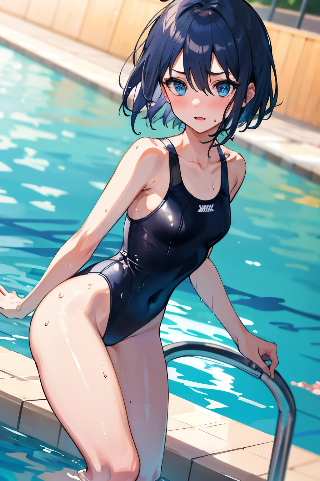 Masterpiece, Best Quality, Hi-Res, 1 Girl, Solo, Medium, Dark Blue Hair, Dark Blue Eyes, Short Hair, Bangs, Hair Between Eyes, Floating Hair, One Piece Swimsuit, Wet, Poolside, Blush, Sweat, Wet, Slim Body