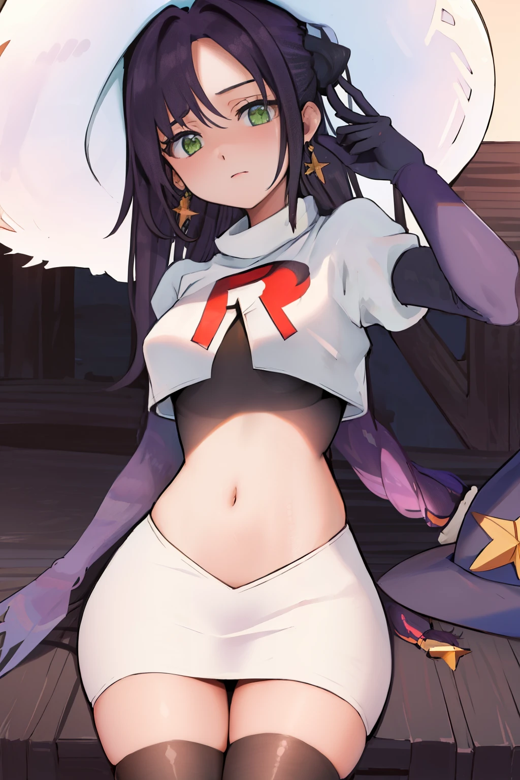 best quality, masterpiece, highres, solo, {mona_genshin:1.15}, long_hair, twintails, bangs, black_hair, breasts, blush, green_eyes, hat, jewelry, star_\(symbol\), witch_hat, earrings, medium_breasts,1girl,purple_headwear, star_earrings, hair_between_eyeackground, purple_hair, team rocket,team rocket uniform,white skirt,red letter R,crop top,black thigh-highs,black elbow gloves
