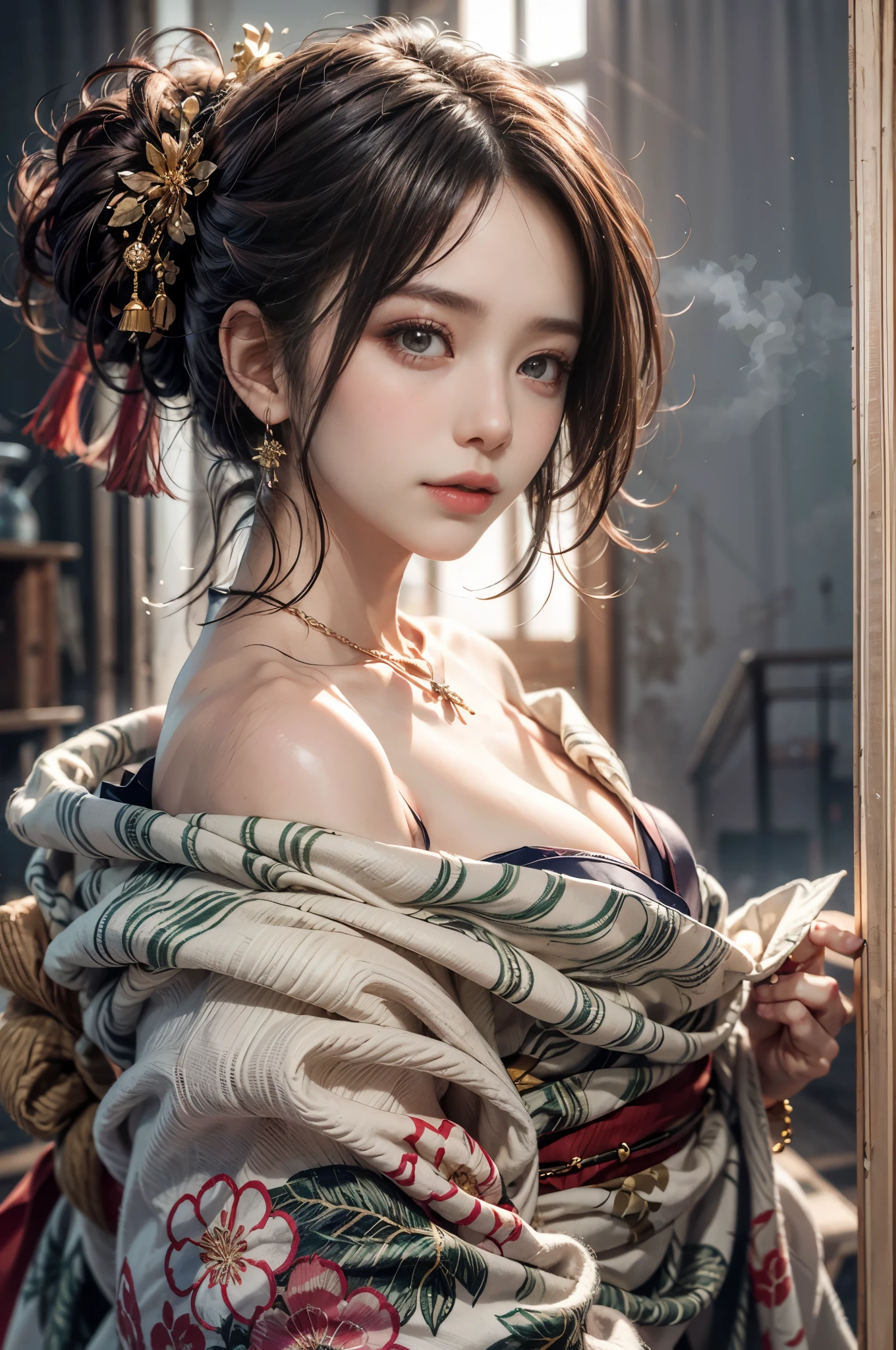 ((RAW shooting:1.5)), (Photoreal Stick:1.5, masutepiece:1.5, 8K), (top-quality, masterpiece, 超A high resolution), morning, Precincts of the shrine, ((fog the lens:1.4)), ((Shoot with blur:1.5)), ((sunrises, Sunlight coming in from behind:1.6, Strong sunlight spreads across the screen:1.6)), ((Strong sunlight shines on a woman:1.7)), ((The entire screen appears white and hazy due to strong sunlight.:1.8)), ((The woman looks blurry due to the strong sunlight:1.9)), Professional camera work:1.3, Highly detailed skin and facial texture:1.3, Grow Light Effect, The ultra-detailliert:1.3, 1girl in, Fair skin, (Sense of clarity:1.4, a small face), Extremely beautiful face:1.5, (Sense of clarityを感じる目:0.9, looking distantly), A smile:1.0, (Slightly open mouth:0.4, Sense of clarityを感じる口当たり:0.7), 二重まぶた, Dark brown medium hair, necklace and earrings, (Wearing Kimono Correctly Off Shoulder)