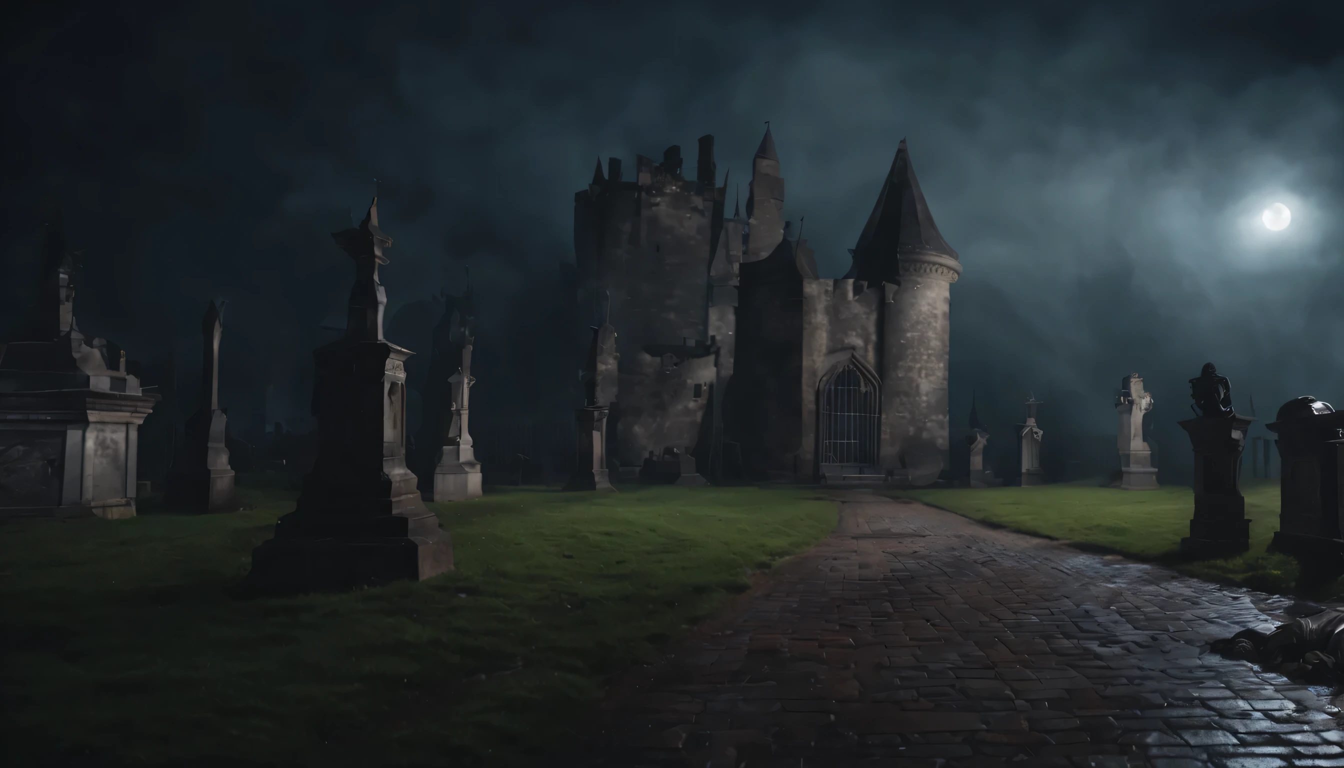 Ancient castle in a cemetery. ela'It's night and the sky is cloudy and there is fog in the place. There are puddles of water on the floor. Kinematic, 8k, realista.