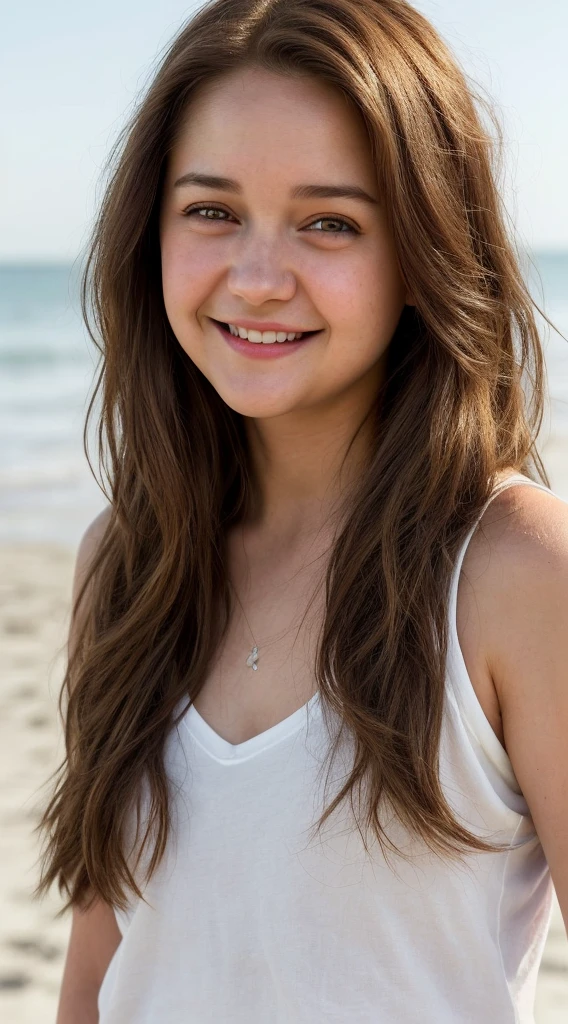 smiling woman with long brown hair and a white shirt with shorts on the beach, this person does not exist, 21 years old, cherry jones-jena malone-shailene woodley-stefanie scott-courtney eaton-aimee carrero-selena gomez-valorie curry-danielle harris-lena dunham-cacee cobb-kat deluna merged, entire body visible, full body, hyperrealistic, best quality, 8K, real human skin, masterpiece, extremely intricate, medium closeup, detailed eyes, detailed face, detailed body, exaggerated features, pronounced features