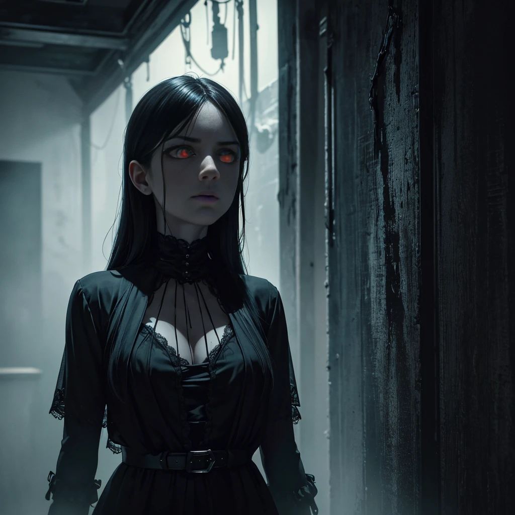 (best quality,4k,highres:1.2),ultra-detailed,realistic,horror,creepy ambiance,dark theme,nighttime,spooky decorations,hauntingly beautiful costumes,horror icon masks,ghostly figures,ominous background,creepy atmosphere,mysterious shadows,dramatic lighting,halloween-themed party,mysterious entity lurking in the shadows,glowing fluorescent red eyes,enigmatic presence,unsettling aura,spine-chilling anticipation,dark secrets lurking,hair-raising suspense,tantalizing mystery,hauntingly captivating,thrilling experience,suspenseful moments,horror film atmosphere,cinematic,gripping tension,heart-pounding thrill,unsettling silence,pulsating fear,riveting plot,unpredictable twist,endless intrigue,terrifying anticipation,unseen danger,nerve-wracking presence,unearthly phenomenon.
