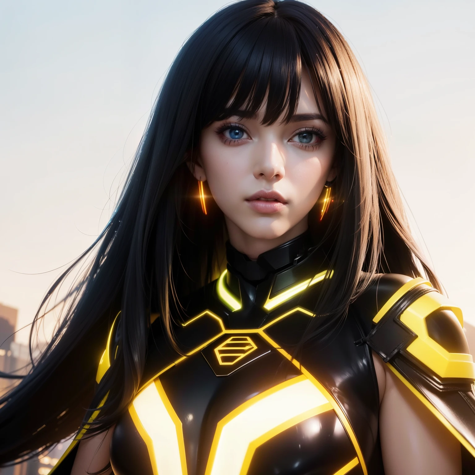 Bust to waist ((perfect beauty face)) perfect skin, hyperrealistic masterpiece, Superheroine woman ((fringe glowing colorful)) in extremely complex & superdetailed tight plugsuit ((with white cape)), sharp focus, cinematic illumination: 8k, (((dark-cyberpunkcore aesthetic style::1)))