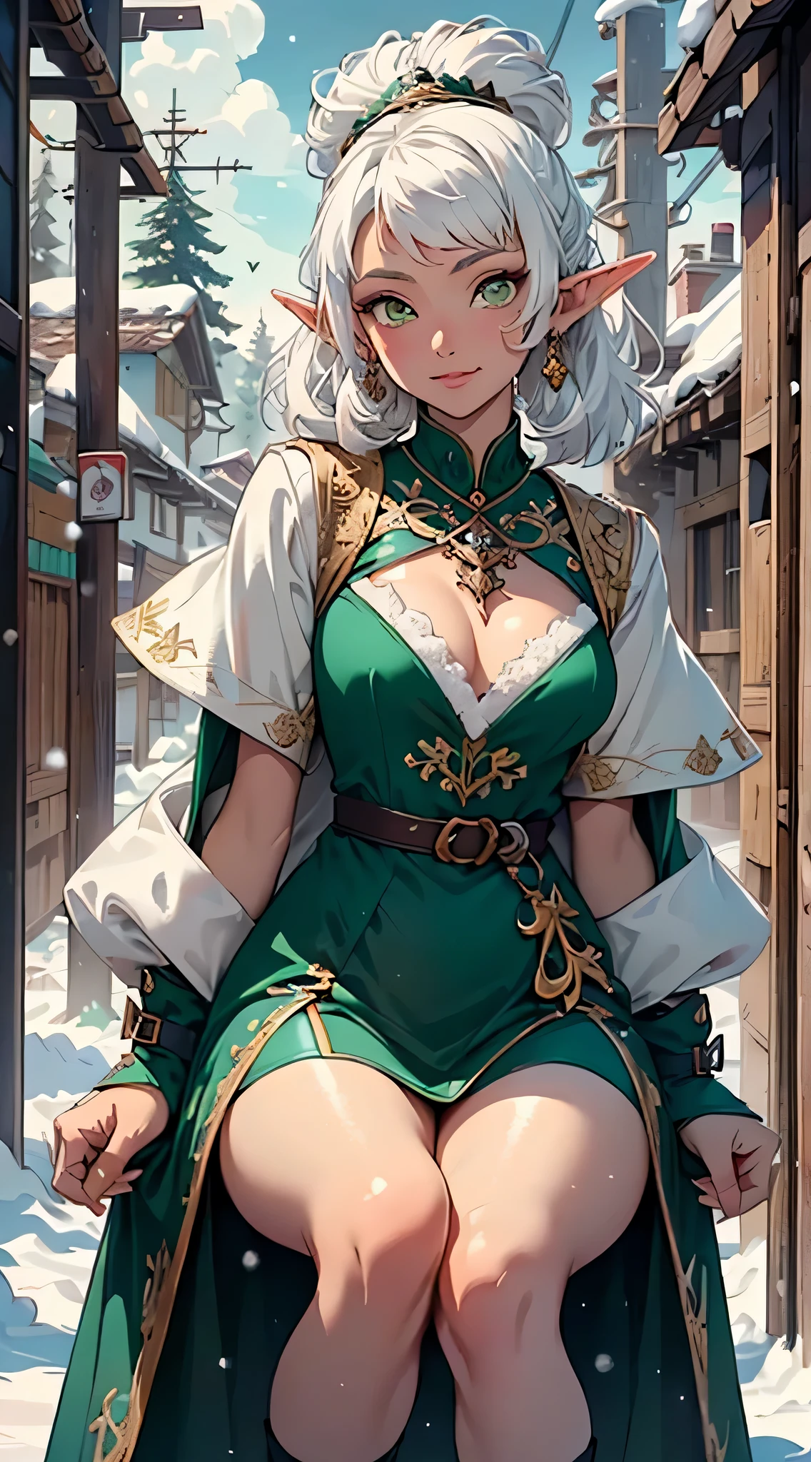 paya, cute elf, ((anime elf with extremely cute and beautiful white hair)), (((elf))), (((elf ears))), (((flat chest))),((((white hair:1.35,short white hair, colored inner hair,ear breathing)))),(((green_eyes:1.3))),intricate eyes,beautiful detailed eyes,symmetrical eyes,big eyes:1.5,(((lustrous skin:1.5,bright skin: 1.5,skin tanned,shiny skin,very shiny skin,shiny body,plastic glitter skin,exaggerated shiny skin,illuminated skin))),(detailed body,(detailed face)), cute,erotic,daring,(((medieval man clothes,adventurer man clothing,winter coat))),(((intricate outfit,intricate clothes,embroidered outfit,ornate outfit,embroidered clothes,ornate clothes))), (dynamic pose:1.0),happy,smile,(centered,scale to fit dimensions,Rule of thirds), ((snowy pine forest at night)), with dark stormy clouds,winter,scenery:1.25,((snow forest background)),Christmas tree, highres,sharp focus,(ultra detailed,extremely detailed),(photorealistic artwork:1.37),(extremely detailed CG unity 8k wallpaper),(((vibrant colors,vibrant theme))),(intricate),(masterpiece),(best quality), sitting down, dark skin