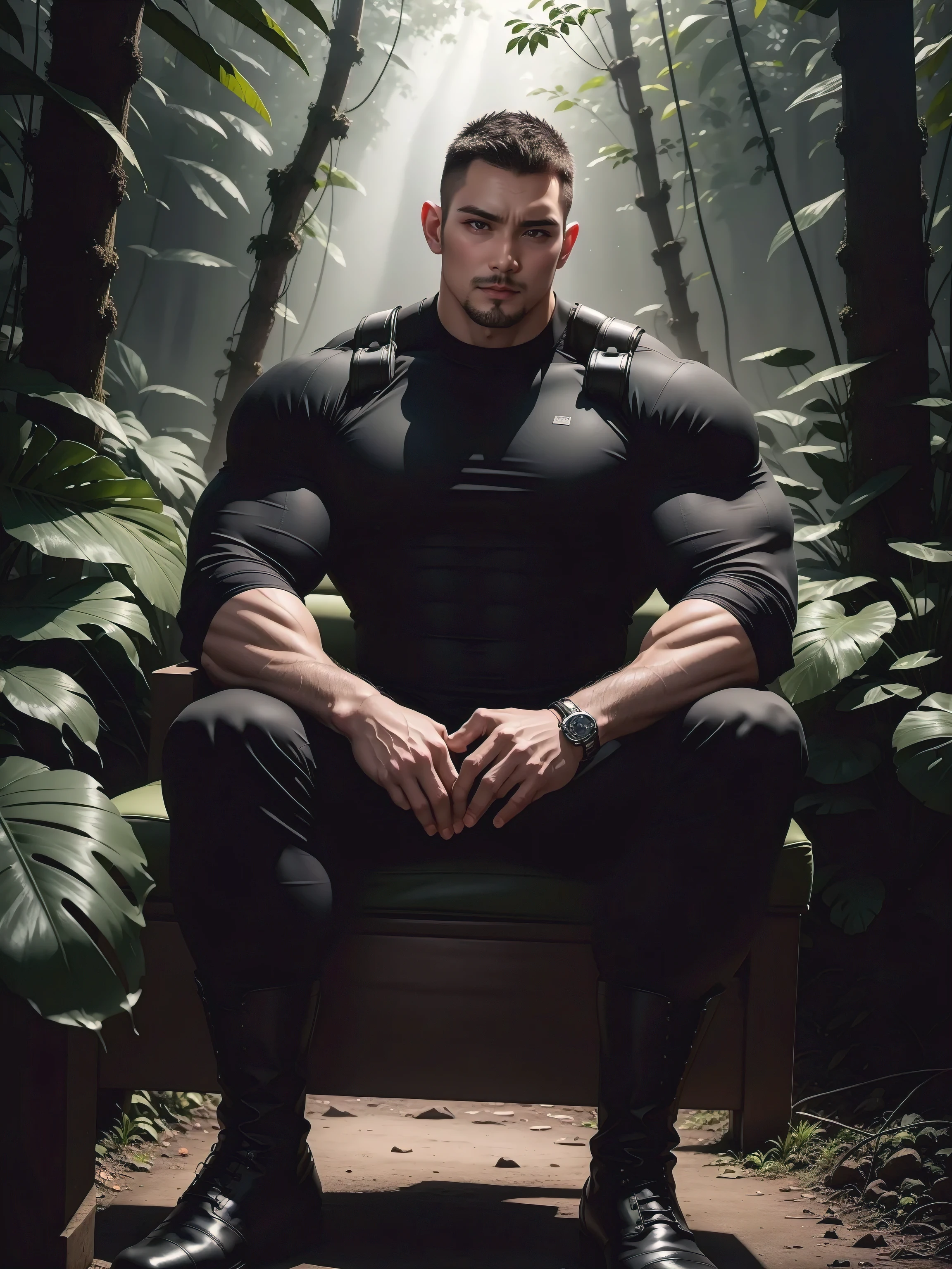 Frowning sad tall giant muscular man sitting in the forest，Dark black high collar long sleeve camouflage T-shirt，character  design（Resident Evil - Chris Redfield，Chris Redfield）His hairstyle is a crew cut，Wearing dark black camouflage military uniform，Matte texture，Soft and comfortable sofa，Sitting in the eerie sugar cane jungle, The body is wrapped in thick rattan，expression sad，Deep and charming eyes，The hero with jewel-like pupils，heroic masculine pose，Tall and burly，musculous！Charming leg muscles，tall, Burly, and strong， Wearing dark black camouflage military uniform， Super gain and cool， commission for high resolution， Big feet in black boots，Charming strong man，Bright sunlight shines on the body，Matte particles with shiny texture