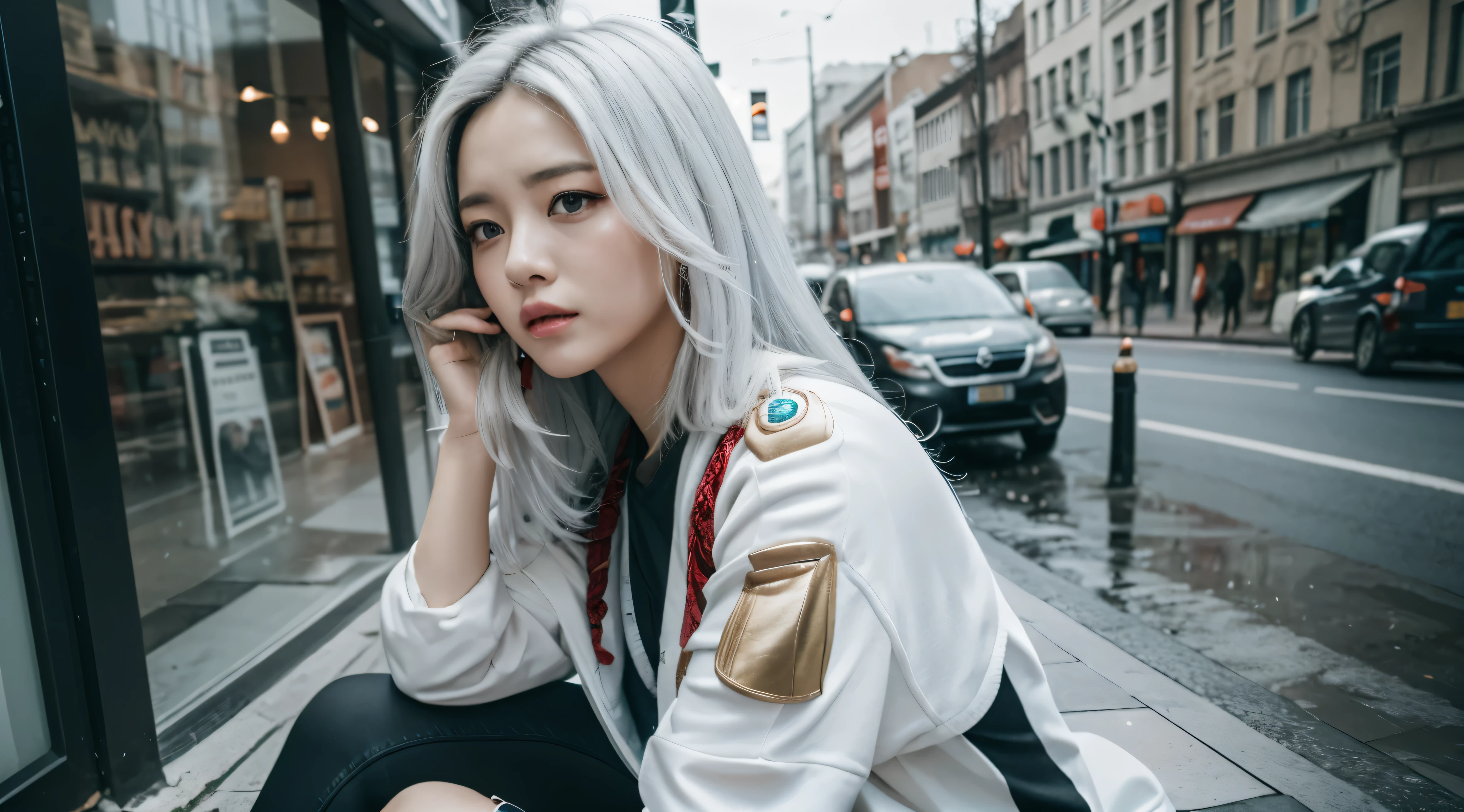 one-girl, Sitting in the rain, White hair, External，On the street corner，Very long hair, Angry, sad, 电影灯光, depth of fields, hyper HD, Anatomically correct, tmasterpiece, ctextured skin, Best quality at best, 4K，natta，Drenched hair