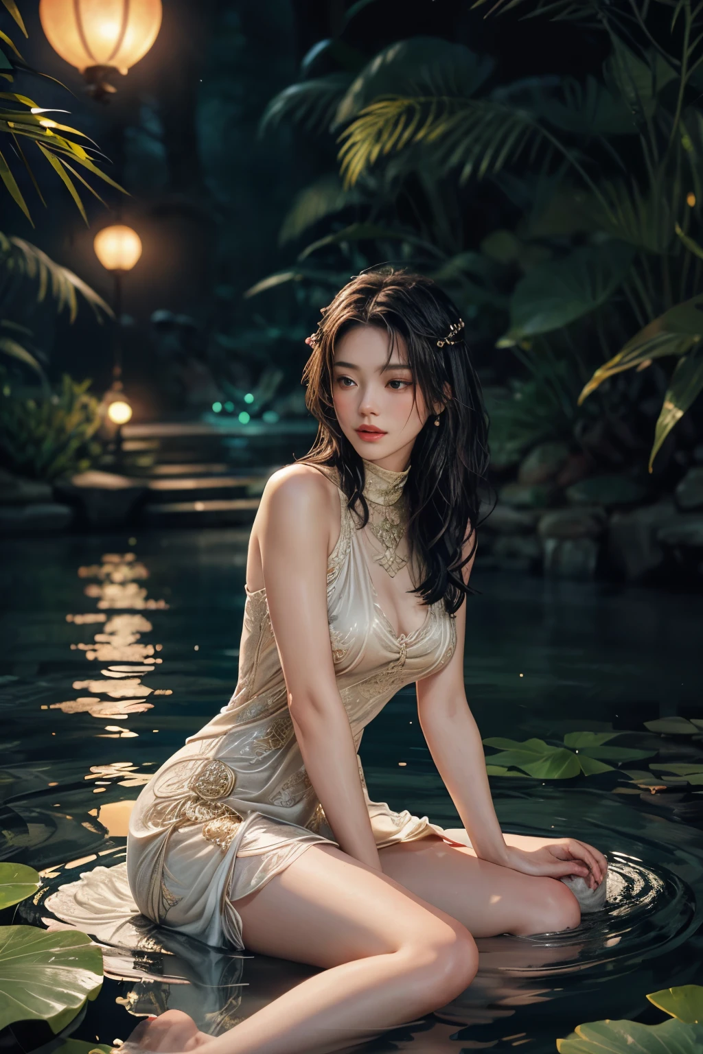 Sitting by a lake full of river lights, hands playing in the water, the art depicts a charming woman with 2 hands, 2 legs, a delicate face, a normal face, dressed in a flowing, silky traditional oriental dress, long, light purple, decorated with intricate patterns and bright colors. Her dress drapes elegantly over her curvy figure, accentuating her seductive silhouette. She sits gracefully by the tranquil lotus lake, her feet playing in the water, bathed in the soft glow of the moonlight. The scene exudes an ethereal and dreamy atmosphere, with a touch of mystery and sexiness. The graphic style blends watercolor and digital illustration techniques to evoke a refined beauty and charm. The lights are filled with soft moonlight, casting soft highlights and shadows on her charming features. Bare thighs, big breasts, three-dimensional facial features, sitting, upturned legs, 1 side braid, translucent turtleneck undershirt