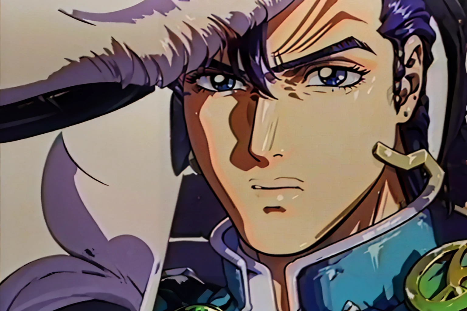 (best quality,ultra-detailed),(realistic:1.37),Higashikata Josuke,pompadour,handsome detailed face,sharp eyes,beautiful detailed lips,stunning school uniform,deep purple clothes,golden brooches,wide trousers,dynamic pose cool,white background,stylish hairstyle,expressive facial features,vibrant colors,shiny shoes,confident attitude,jojo's bizarre adventure art style,,(josukejojo:1.2), pompadour haircut,sejas prominente,ojos color azul, uniforme escolar japones, purple  color, broches de oro, Athletic anatomy,dramatic lighting,street culture,pop art influence, Pixiv art style,Vintage Movie Poster Style