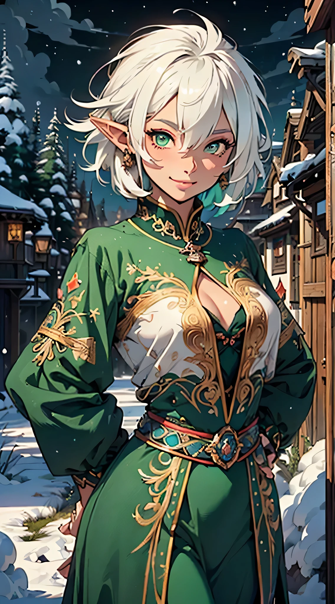 Nisei Muramasa, cute loli elf,(((little loli,tiny little body,little))),(((6 ))),((anime elf loli with extremely cute and beautiful brown hair)), (((elf))), (((elf ears))), (((flat chest))),((((white hair:1.35,short white hair, tny short haircut,colored inner hair,ear breathing)))),(((green_eyes:1.3))),intricate eyes,beautiful detailed eyes,symmetrical eyes,big eyes:1.5,(((lustrous skin:1.5,bright skin: 1.5,skin tanned,shiny skin,very shiny skin,shiny body,plastic glitter skin,exaggerated shiny skin,illuminated skin))),(detailed body,(detailed face)), cute, daring, (((medieval man clothes,adventurer man clothing,winter coat))),(((intricate outfit,intricate clothes,embroidered outfit,ornate outfit,embroidered clothes,ornate clothes))), (dynamic pose:1.0),happy,smile,(centered,scale to fit dimensions,Rule of thirds), ((snowy pine forest at night)), with dark stormy clouds,winter,scenery:1.25,((snow forest background)),Christmas tree, highres,sharp focus,(ultra detailed,extremely detailed),(photorealistic artwork:1.37),(extremely detailed CG unity 8k wallpaper),(((vibrant colors,vibrant theme))),(intricate),(masterpiece),(best quality),