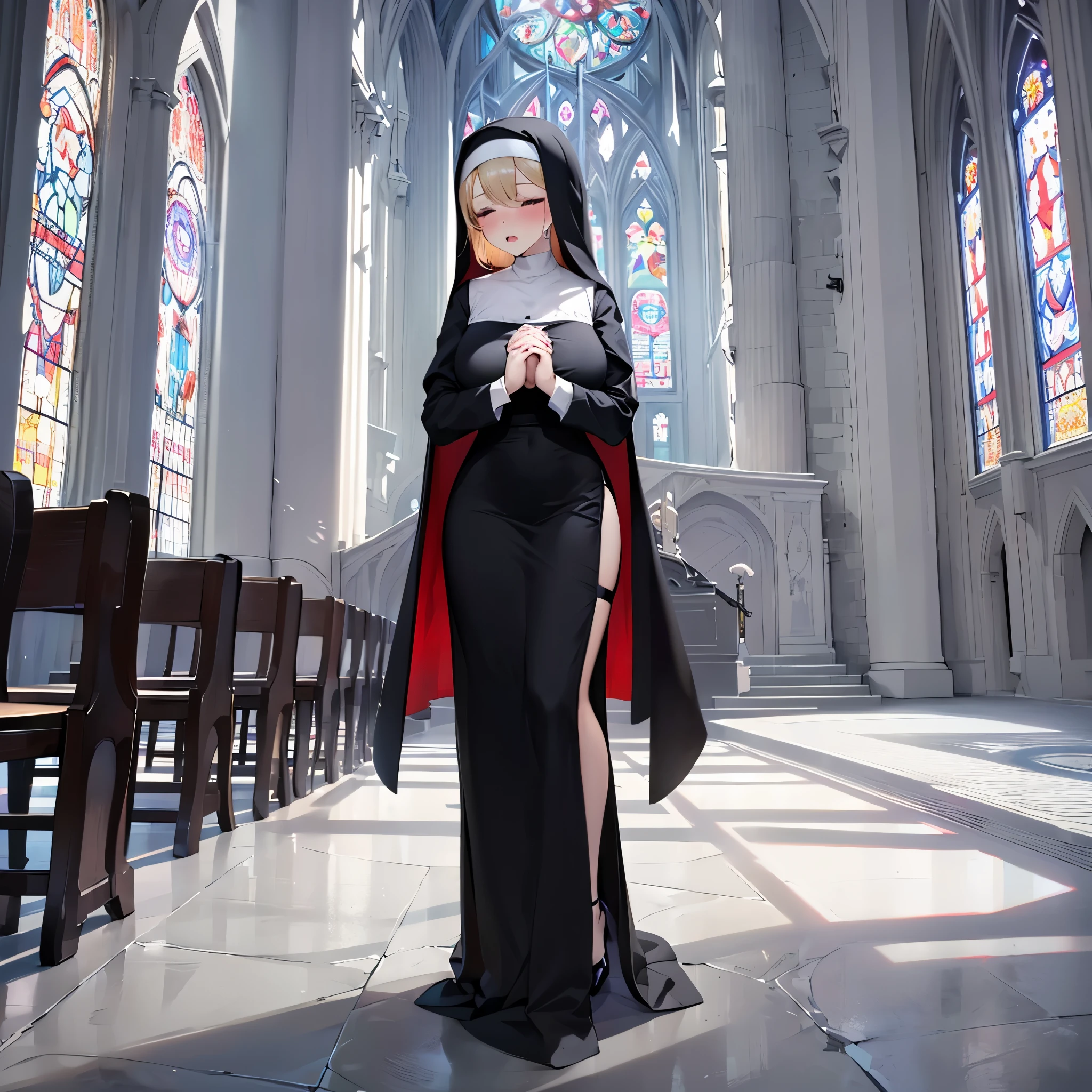 (solo 1 praying nun:1.2) standing in church, praying with holding hands together over chest, very thin, (black sheer long dress:1.4), (huge breasts:1.2), (black sheer long skirt:1.3), inconceivably thin waist, closing eyes, nose blush, open mouth, (heavy breathing:1.2), stained glass, full body, 8k, ultra-detailed, masterpiece