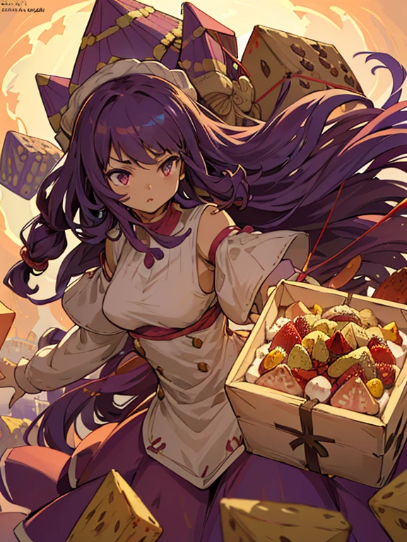 A girl with long afro hair flying low in the air covered in boiling large strawberry cake armor serving a large purple potato jam、Amazing dynamism、Amazing Angle、unstable buoyancy sandstorm、(((Lots of friendly oversized dried fruit cubes floating densely to chase)))、((surround each other&#39;straw cube))、