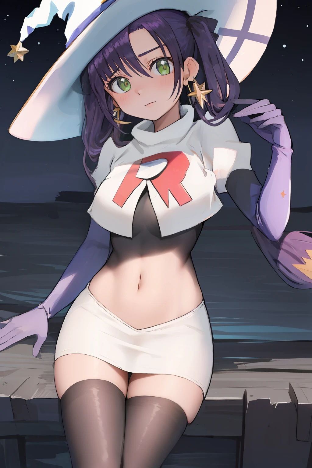 best quality, masterpiece, highres, solo, {mona_genshin:1.15}, long_hair, twintails, bangs, black_hair, breasts, blush, green_eyes, hat, jewelry, star_\(symbol\), witch_hat, earrings, medium_breasts,1girl,purple_headwear, star_earrings, hair_between_eyeackground,black hair, purple_hair, team rocket,team rocket uniform,white skirt,red letter R,crop top,black thigh-highs,black elbow gloves