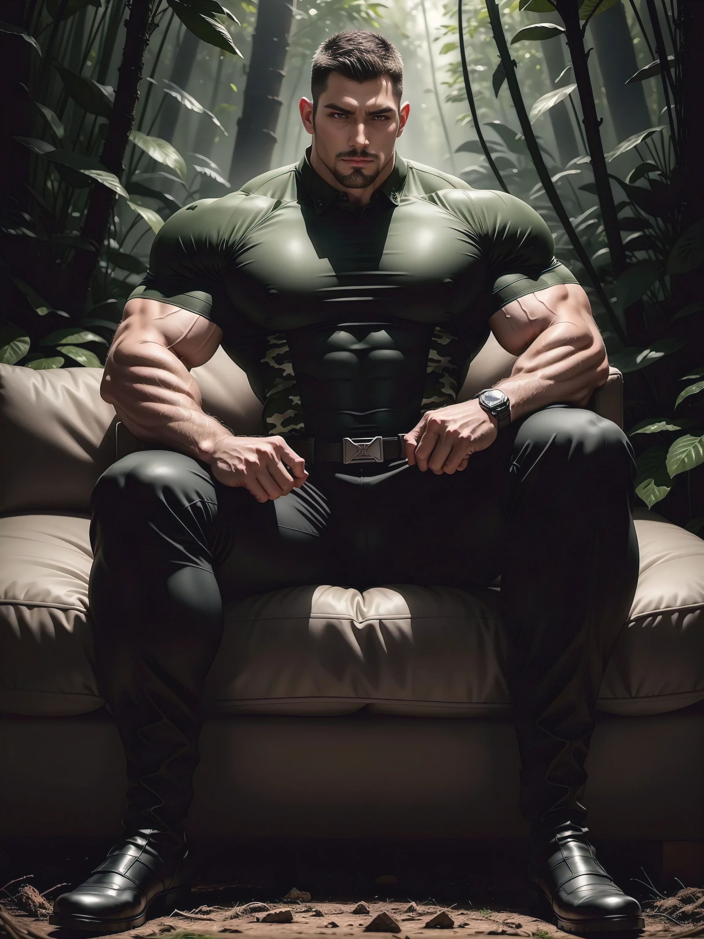Tall giant muscular man sitting in the forest，Dark black camouflage military uniform，character  design（Resident Evil - Chris Redfield，Chris Redfield）His hairstyle is a crew cut，身穿Dark black camouflage military uniform，Matte texture，Soft and comfortable sofa，Sitting in the eerie sugar cane jungle, The body is wrapped in thick rattan，expression sad，Deep and charming eyes，The hero with emerald pupils，heroic masculine pose，Tall and burly，musculous！Charming leg muscles，tall, Burly, and strong， 身穿Dark black camouflage military uniform， Super gain and cool， commission for high resolution， Big feet in black boots，Charming strong man，Bright sunlight shines on the body，Matte particles with shiny texture