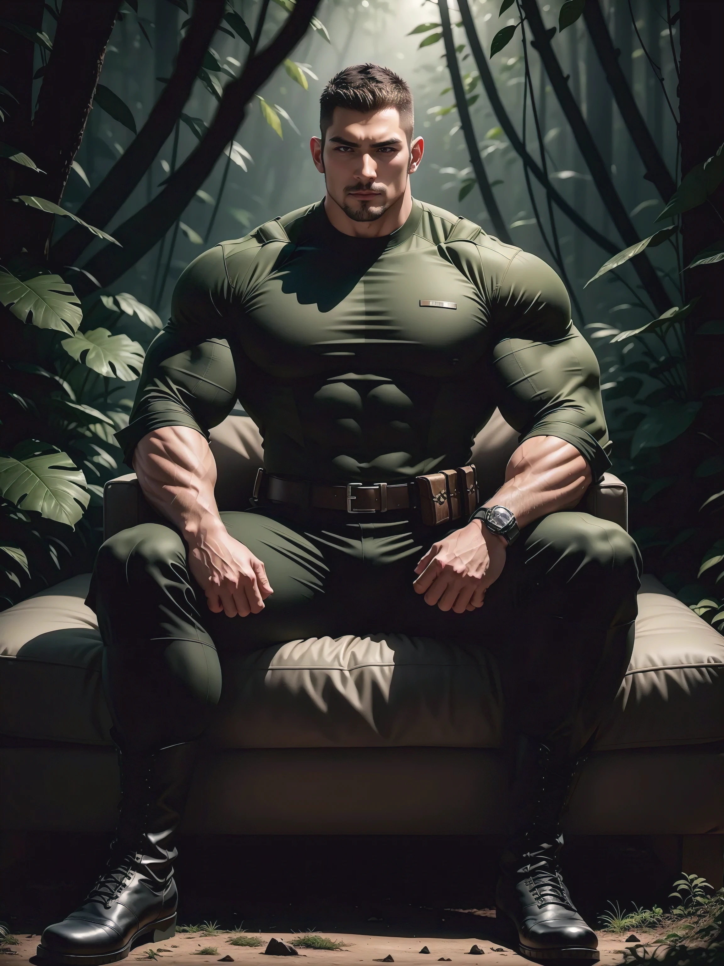 Tall giant muscular man sitting in the forest，Dark black camouflage military uniform，character  design（Resident Evil - Chris Redfield，Chris Redfield）His hairstyle is a crew cut，身穿Dark black camouflage military uniform，Matte texture，Soft and comfortable sofa，Sitting in the eerie sugar cane jungle, The body is wrapped in thick rattan，expression sad，Deep and charming eyes，The hero with emerald pupils，heroic masculine pose，Tall and burly，musculous！Charming leg muscles，tall, Burly, and strong， 身穿Dark black camouflage military uniform， Super gain and cool， commission for high resolution， Big feet in black boots，Charming strong man，Bright sunlight shines on the body，Matte particles with shiny texture