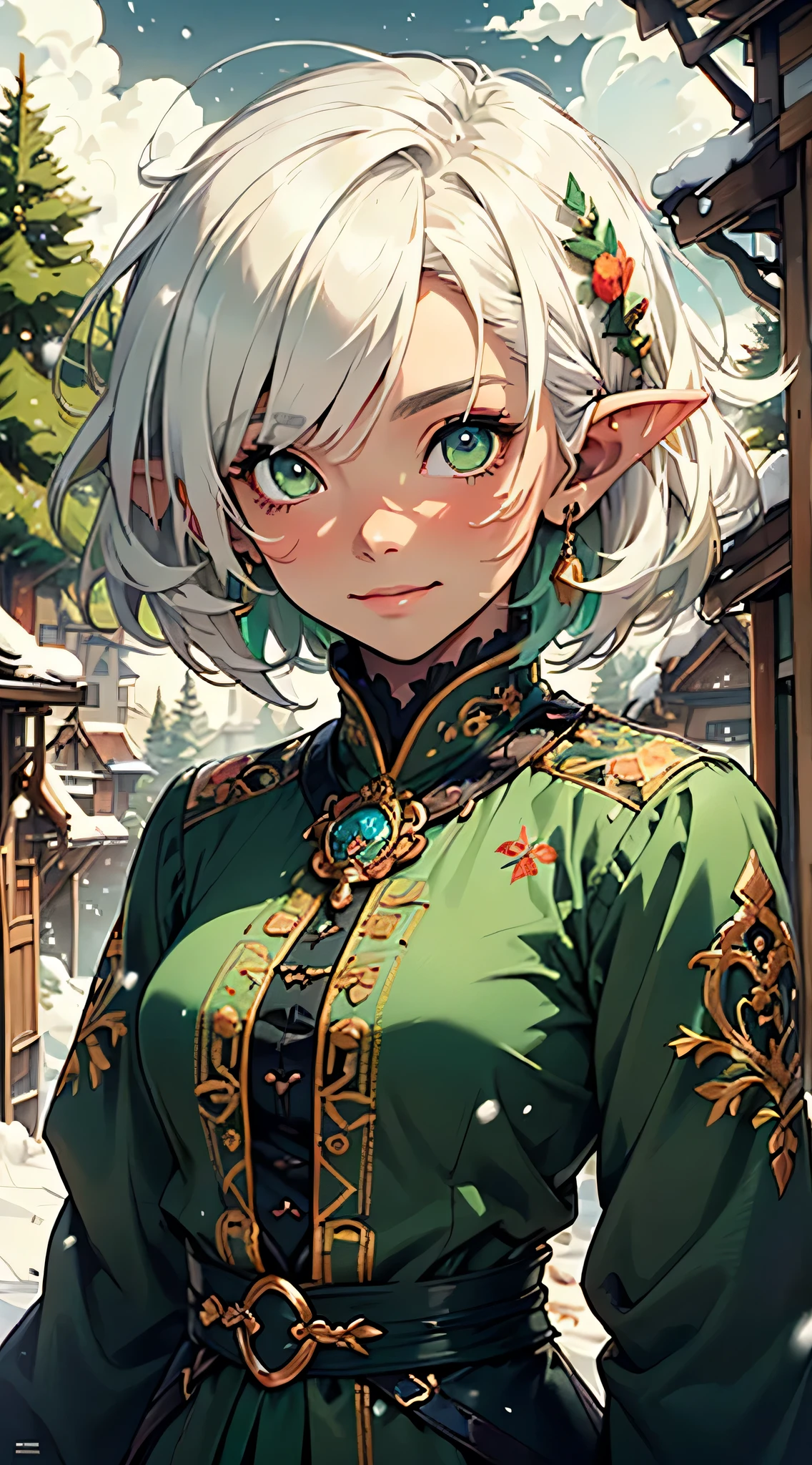 Nisei Muramasa, cute loli elf,(((little loli,tiny little body,little))),(((6 years old))),((anime elf loli with extremely cute and beautiful brown hair)), (((elf))), (((elf ears))), (((flat chest))),((((white hair:1.35,short white hair, tny short haircut,colored inner hair,ear breathing)))),(((green_eyes:1.3))),intricate eyes,beautiful detailed eyes,symmetrical eyes,big eyes:1.5,(((lustrous skin:1.5,bright skin: 1.5,skin tanned,shiny skin,very shiny skin,shiny body,plastic glitter skin,exaggerated shiny skin,illuminated skin))),(detailed body,(detailed face)), cute, daring, (((medieval man clothes,adventurer man clothing,winter coat))),(((intricate outfit,intricate clothes,embroidered outfit,ornate outfit,embroidered clothes,ornate clothes))), (dynamic pose:1.0),happy,smile,(centered,scale to fit dimensions,Rule of thirds), ((snowy pine forest at night)), with dark stormy clouds,winter,scenery:1.25,((snow forest background)),Christmas tree, highres,sharp focus,(ultra detailed,extremely detailed),(photorealistic artwork:1.37),(extremely detailed CG unity 8k wallpaper),(((vibrant colors,vibrant theme))),(intricate),(masterpiece),(best quality), small breasts