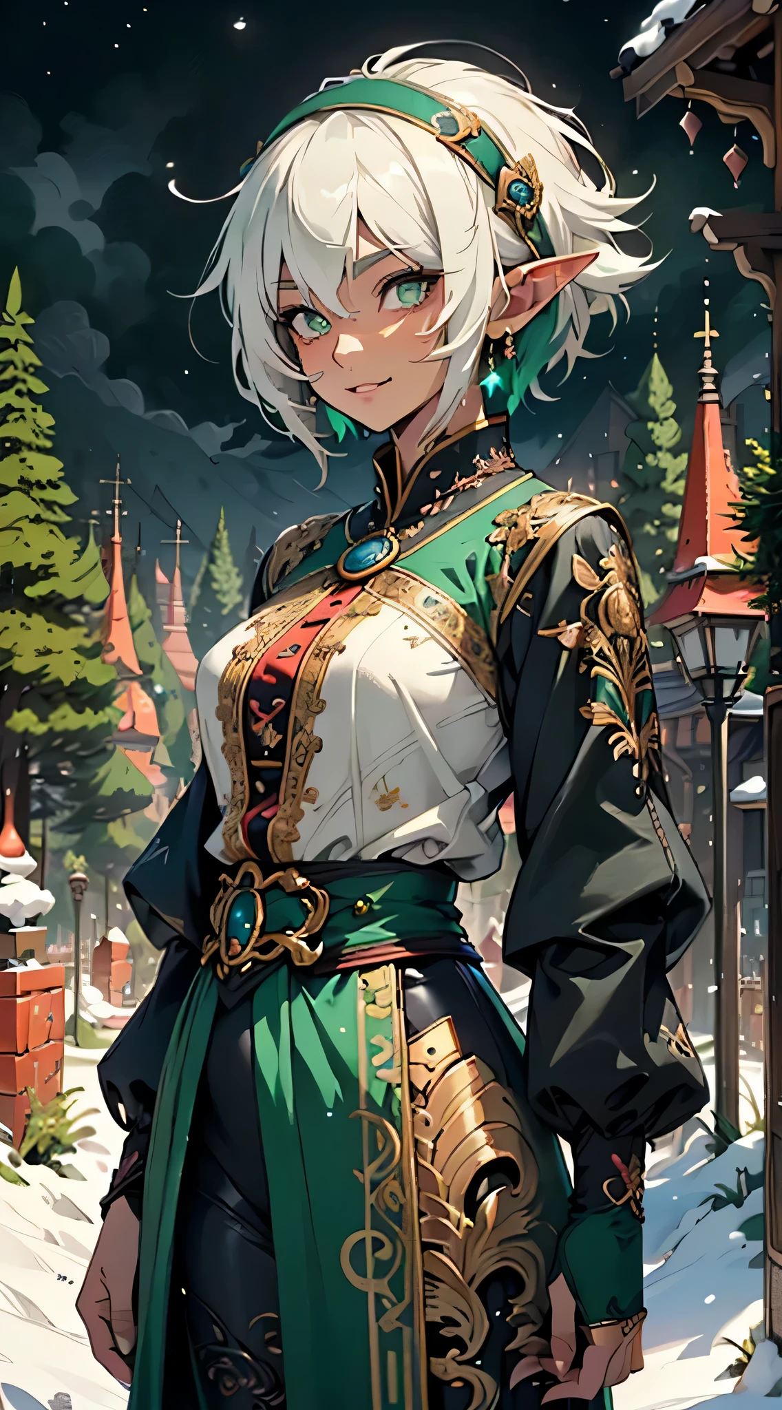 Nisei Muramasa, cute loli elf,(((little loli,tiny little body,little))),(((6 years old))),((anime elf loli with extremely cute and beautiful brown hair)), (((elf))), (((elf ears))), (((flat chest))),((((white hair:1.35,short white hair, tny short haircut,colored inner hair,ear breathing)))),(((green_eyes:1.3))),intricate eyes,beautiful detailed eyes,symmetrical eyes,big eyes:1.5,(((lustrous skin:1.5,bright skin: 1.5,skin tanned,shiny skin,very shiny skin,shiny body,plastic glitter skin,exaggerated shiny skin,illuminated skin))),(detailed body,(detailed face)), cute, daring, (((medieval man clothes,adventurer man clothing,winter coat))),(((intricate outfit,intricate clothes,embroidered outfit,ornate outfit,embroidered clothes,ornate clothes))), (dynamic pose:1.0),happy,smile,(centered,scale to fit dimensions,Rule of thirds), ((snowy pine forest at night)), with dark stormy clouds,winter,scenery:1.25,((snow forest background)),Christmas tree, highres,sharp focus,(ultra detailed,extremely detailed),(photorealistic artwork:1.37),(extremely detailed CG unity 8k wallpaper),(((vibrant colors,vibrant theme))),(intricate),(masterpiece),(best quality), small breasts