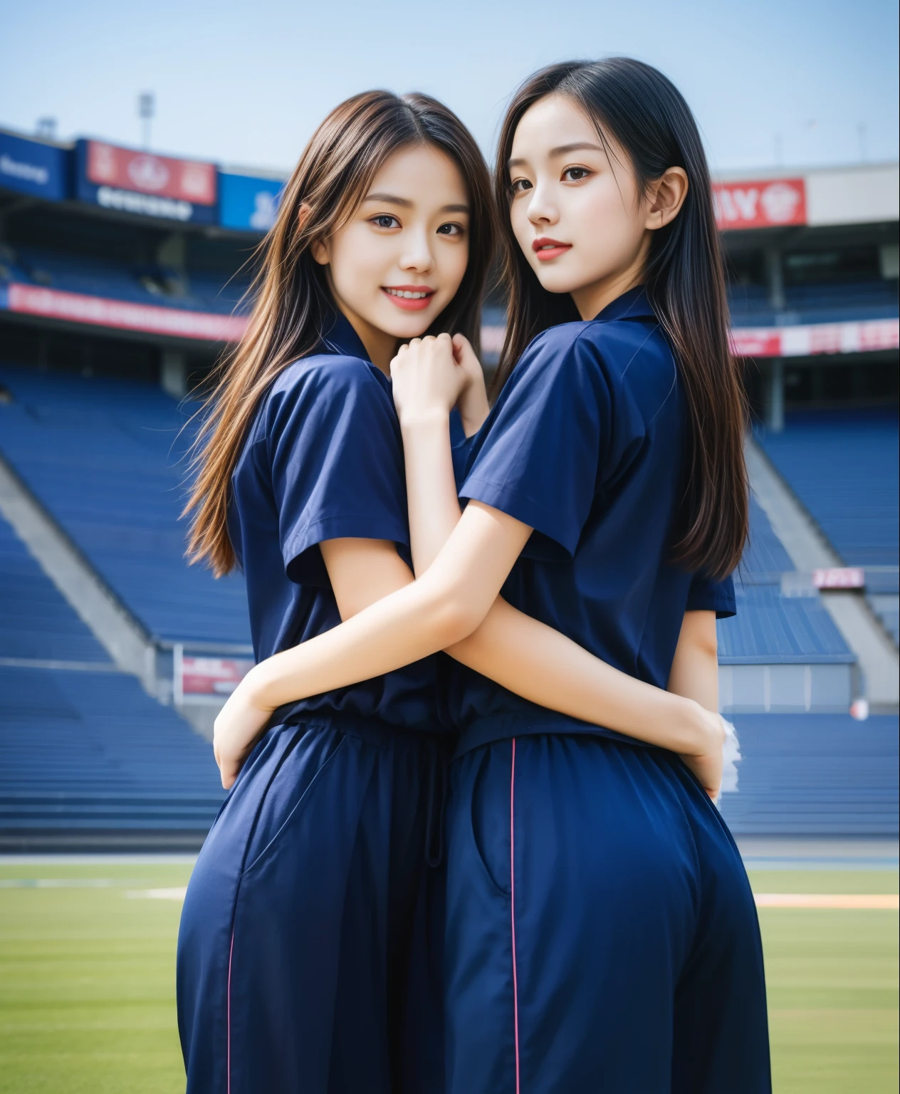 (bestquality,10,10,highres,masterpiece:1.2),ultra-detail,(Realistic,ภาพRealistic,photo-realistic:1.37),1 Cute girl in the football field,oily shiny skin,bara,light smile,BDclothelue shirt:1.3)),short sleeves,shirt, trousers.,(navy_long_ติดตามtrousers:1.1), ((Stadium Background:1.3)),dynamic angle,excited,face focus,Dynamic Poses,from behide,Ass Focus,masterpiece, bestquality, ultra realistic, hyper-detail, 8k resolution, RAW photo, crisp focus, ((Navy blue shirt:1.1)), short sleeves, เส้นทางlong, Complete bodyแบบ, 2 mature women, 18yo, cinematic light,trousersวอร์มสีน้ําเงิน,Gymware,Correct anatomy,Complete body, Correct body, sharp face, Correct bodyทางกายวิภาค, full entire body, Realistic gestures, long-haired, Realistic poses,Wear long shorts..............................................,ช่วงขาlong,Shapely,Sculpting Girl, Slender Figure, mannequin mannequins, Shapely, Beautiful body,trousersวอร์มสีน้ําเงิน, Two girls kissing,((สวมwatch)), watch