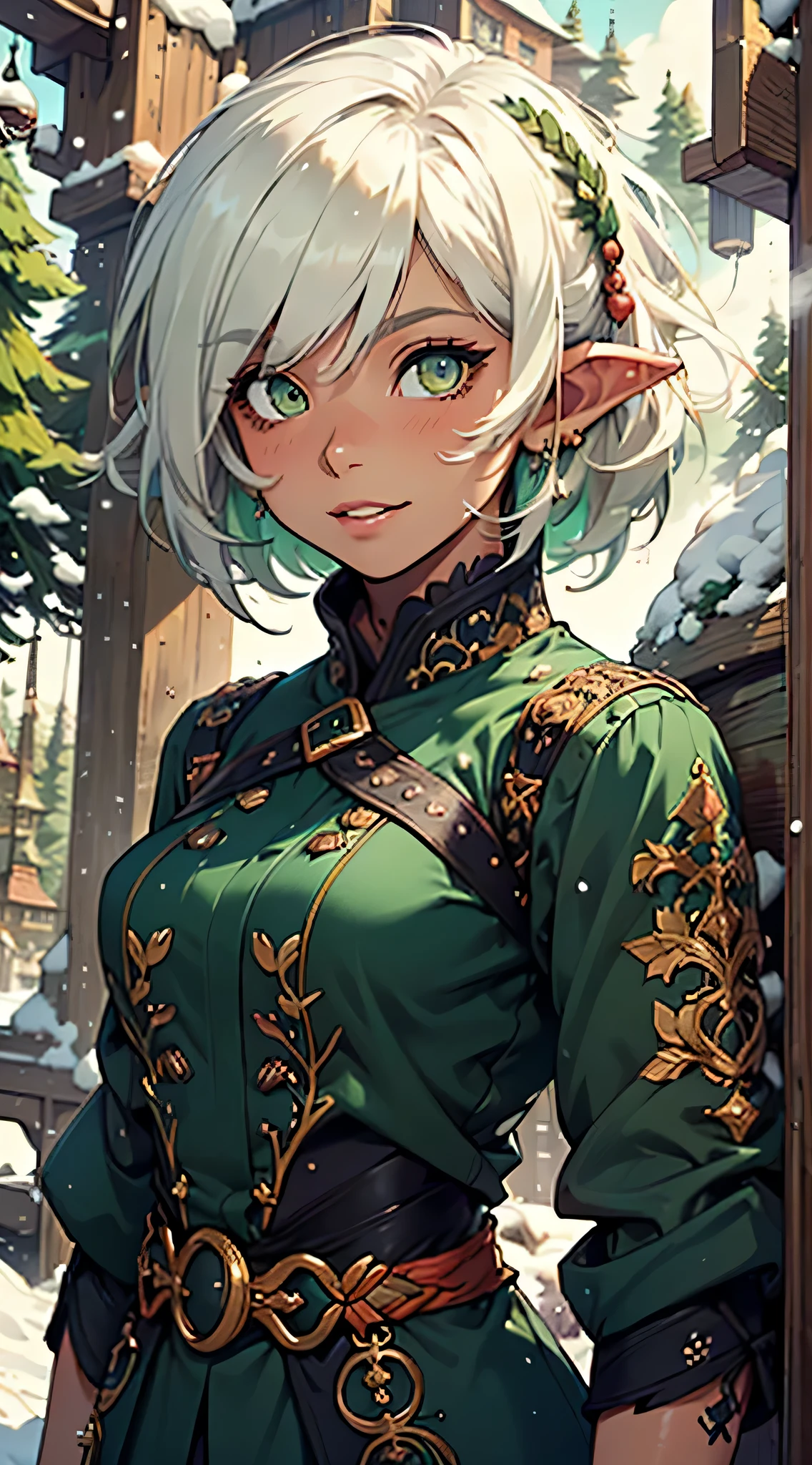 Nisei Muramasa, cute loli elf,(((little loli,tiny little body,little))),(((6 years old))),((anime elf loli with extremely cute and beautiful brown hair)), (((elf))), (((elf ears))), (((flat chest))),((((white hair:1.35,short white hair, tny short haircut,colored inner hair,ear breathing)))),(((green_eyes:1.3))),intricate eyes,beautiful detailed eyes,symmetrical eyes,big eyes:1.5,(((lustrous skin:1.5,bright skin: 1.5,skin tanned,shiny skin,very shiny skin,shiny body,plastic glitter skin,exaggerated shiny skin,illuminated skin))),(detailed body,(detailed face)), cute, (((medieval man clothes,adventurer man clothing,winter coat))),(((intricate outfit,intricate clothes,embroidered outfit,ornate outfit,embroidered clothes,ornate clothes))), (dynamic pose:1.0),happy,smile,(centered,scale to fit dimensions,Rule of thirds), ((snowy pine forest at night)), with dark stormy clouds,winter,scenery:1.25,((snow forest background)),Christmas tree, highres,sharp focus,(ultra detailed,extremely detailed),(photorealistic artwork:1.37),(extremely detailed CG unity 8k wallpaper),(((vibrant colors,vibrant theme))),(intricate),(masterpiece),(best quality), small breasts