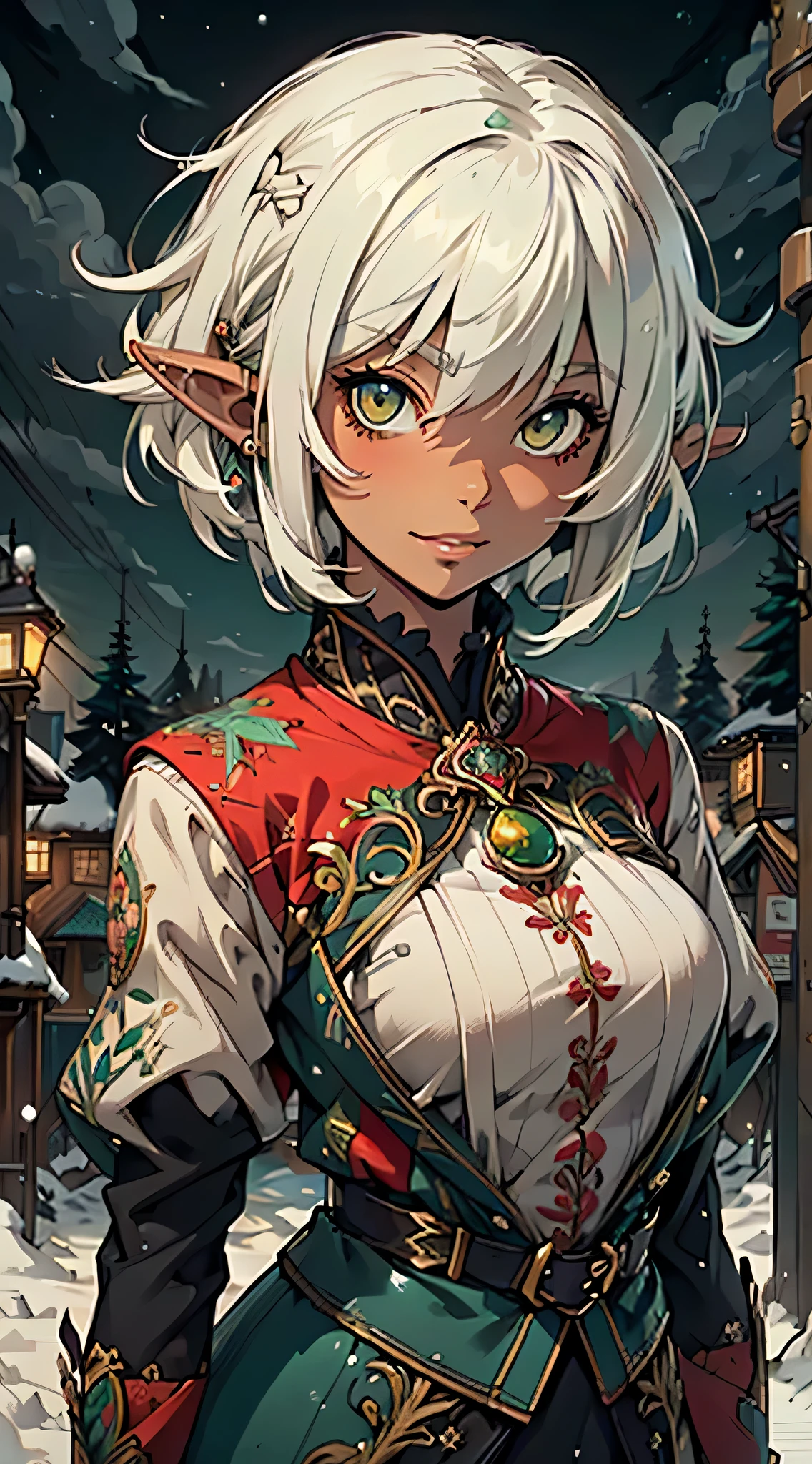 Nisei Muramasa, cute loli elf,(((little loli,tiny little body,little))),(((6 ))),((anime elf loli with extremely cute and beautiful brown hair)), (((elf))), (((elf ears))),(lesbian,gay),(tomboy:1.3), (((flat chest))),((((white hair:1.35,short white hair,boy haircut,tny short haircut,colored inner hair,ear breathing)))),(((green_eyes:1.3))),intricate eyes,beautiful detailed eyes,symmetrical eyes,big eyes:1.5,(((lustrous skin:1.5,bright skin: 1.5,skin tanned,shiny skin,very shiny skin,shiny body,plastic glitter skin,exaggerated shiny skin,illuminated skin))),(detailed body,(detailed face)), cute,erotic,daring,((nsfw)), (((medieval man clothes,adventurer man clothing,winter coat))),(((intricate outfit,intricate clothes,embroidered outfit,ornate outfit,embroidered clothes,ornate clothes))), (dynamic pose:1.0),happy,smile,(centered,scale to fit dimensions,Rule of thirds), ((snowy pine forest at night)), with dark stormy clouds,winter,scenery:1.25,((snow forest background)),Christmas tree, highres,sharp focus,(ultra detailed,extremely detailed),(photorealistic artwork:1.37),(extremely detailed CG unity 8k wallpaper),(((vibrant colors,vibrant theme))),(intricate),(masterpiece),(best quality), small breasts