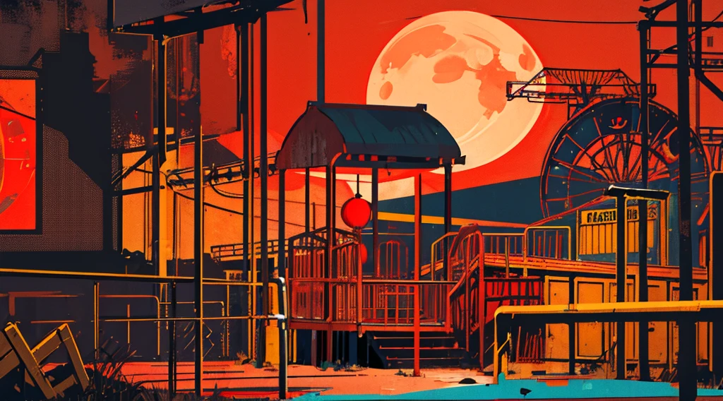 (abandoned amusement park, late night, red moon), (low contrast, flat color, limited palette)