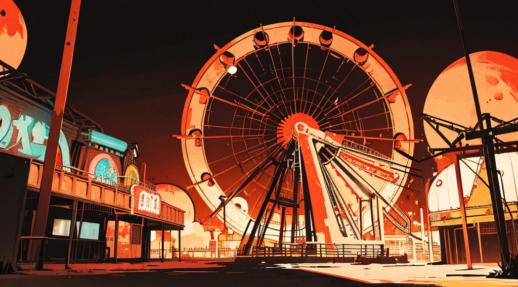 (abandoned amusement park, late night, red moon), (low contrast, flat color, limited palette)