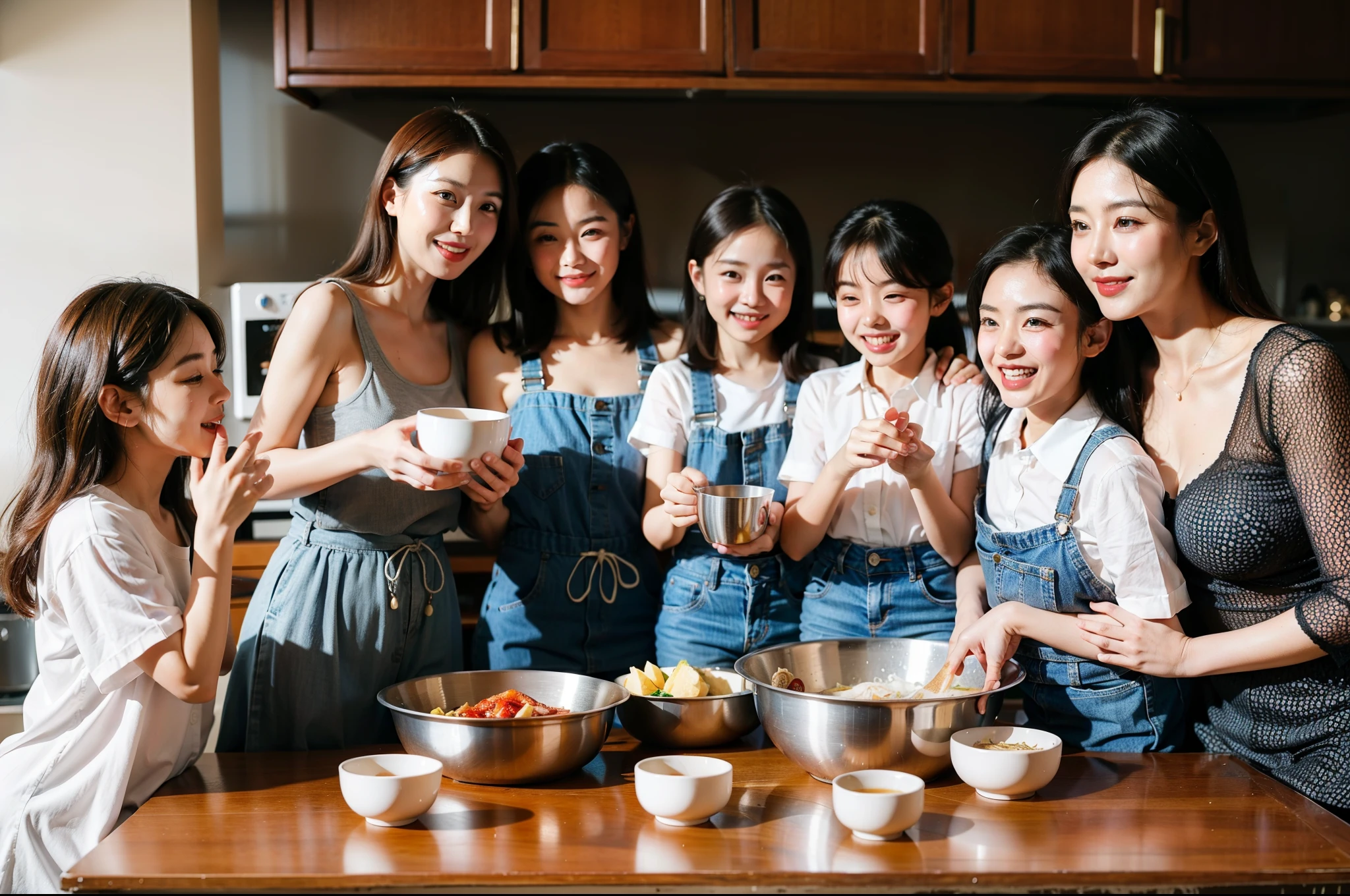 5 Chinese mothers and 5 Chinese children, 5 women and 5 children, ssmile, The beautiful, young, The beautiful, rays of sunshine, kitchens, photoactual, actual, s delicate face, facial clarity, Positive point of view, Indoor light, k hd, 8K absolute 4k, Immersive details, k hd美学