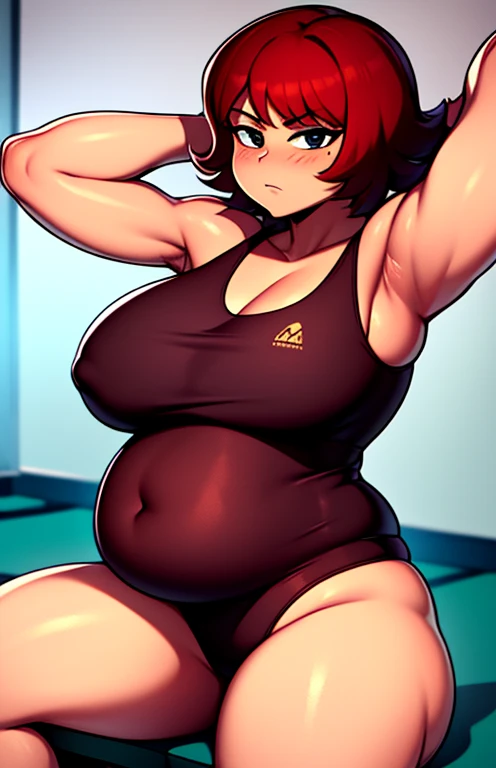 8K ultra HD quality, perfect resolution, Digital Art, DeviantArt, 2010, 1girl, Kim Pine, red hair, medium breasts, muscular arms, chubby, belly fat, wide hips, fully clothed, safe, appropriate, perfectly drawn, no mistakes