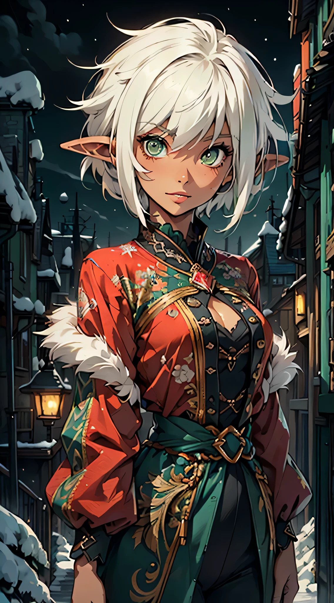 Nisei Muramasa, cute loli elf,(((little loli,tiny little body,little))),(((6 ))),((anime elf loli with extremely cute and beautiful brown hair)), (((elf))), (((elf ears))),(lesbian,gay),(tomboy:1.3), (((flat chest))),((((white hair:1.35,short white hair,boy haircut,tny short haircut,colored inner hair,ear breathing)))),(((green_eyes:1.3))),intricate eyes,beautiful detailed eyes,symmetrical eyes,big eyes:1.5,(((lustrous skin:1.5,bright skin: 1.5,skin tanned,shiny skin,very shiny skin,shiny body,plastic glitter skin,exaggerated shiny skin,illuminated skin))),(detailed body,(detailed face)), cute, (((medieval man clothes,adventurer man clothing,winter coat))),(((intricate outfit,intricate clothes,embroidered outfit,ornate outfit,embroidered clothes,ornate clothes))), (dynamic pose:1.0),happy,smile,(centered,scale to fit dimensions,Rule of thirds), ((snowy pine forest at night)), with dark stormy clouds,winter,scenery:1.25,((snow forest background)),Christmas tree, highres,sharp focus,(ultra detailed,extremely detailed),(photorealistic artwork:1.37),(extremely detailed CG unity 8k wallpaper),(((vibrant colors,vibrant theme))),(intricate),(masterpiece),(best quality), small breasts