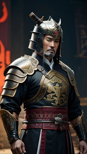 oriental、man in ancient chinese armor、Ancient Chinese man wearing a leather helmet、a simple man、three kingdom、multiple warlords、top-quality、​masterpiece、超A high resolution、(Photorealsitic:1.4)、Game Posters、Clear and beautiful image quality、