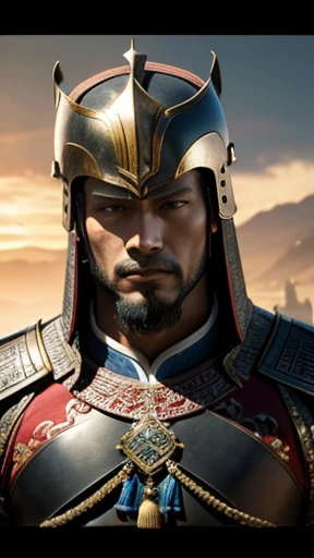oriental、man in ancient chinese armor、Ancient Chinese man wearing a leather helmet、a simple man、three kingdom、multiple warlords、top-quality、masterpiece、超A high resolution、(Photorealsitic:1.4)、Game Posters、Clear and beautiful image quality、